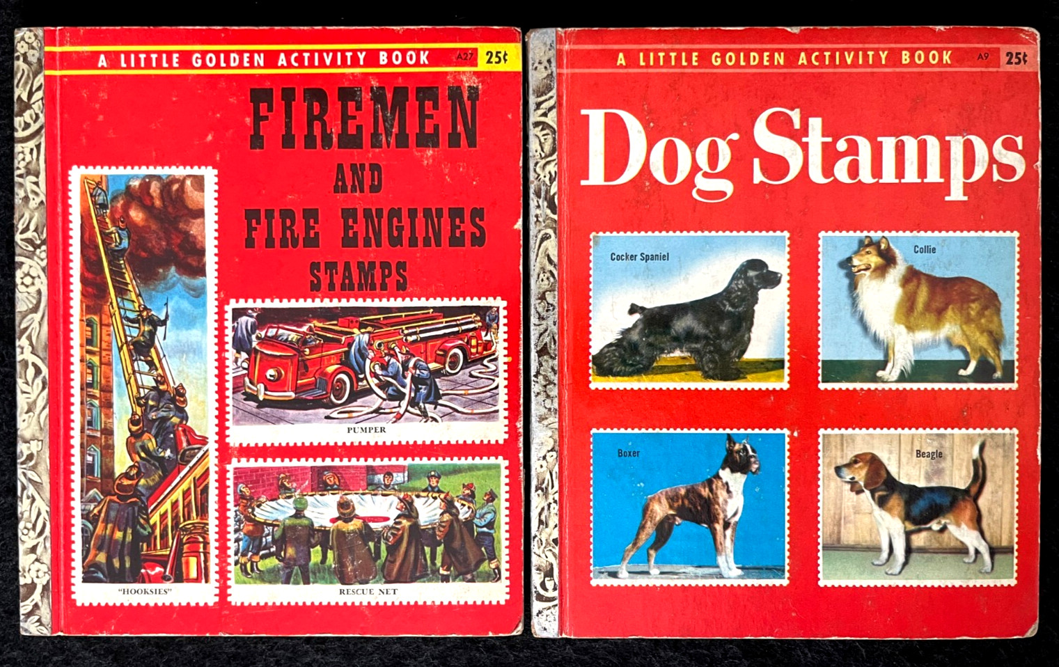 FIREMEN & FIRE ENGINES + DOG STAMPS ~ vintage Little Golden Book set, GUC