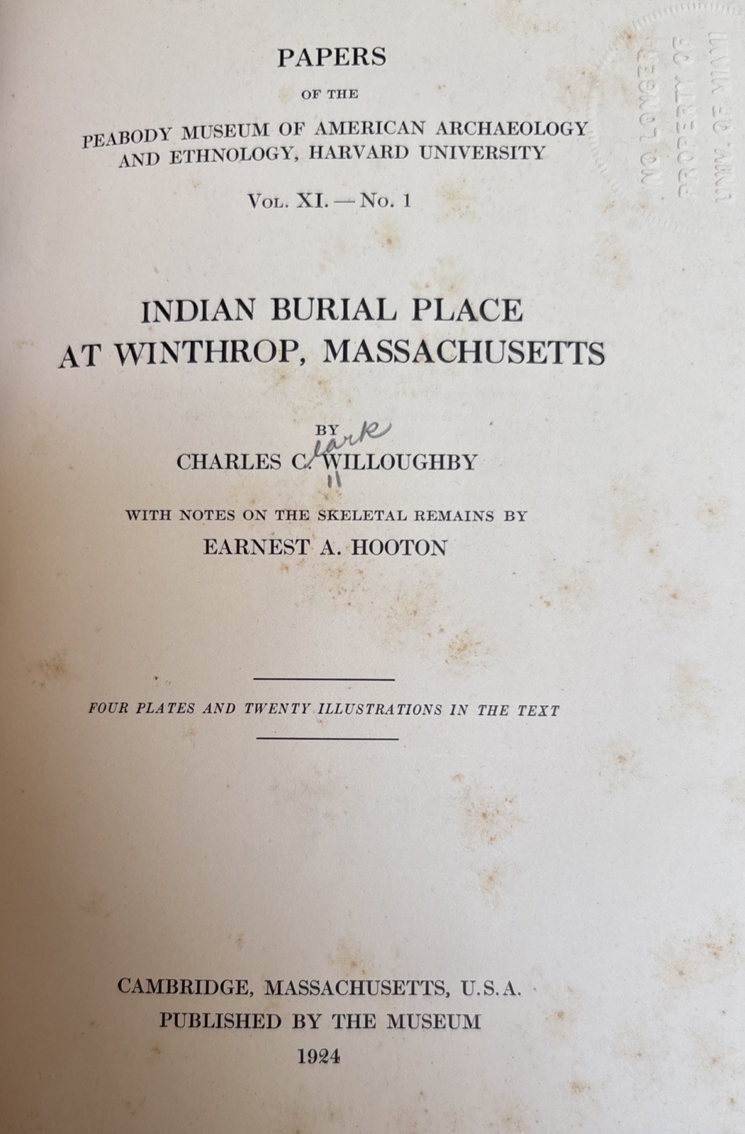 1924 Indian Burial Place at Winthrop Massachusetts 1st Edition Archaeology