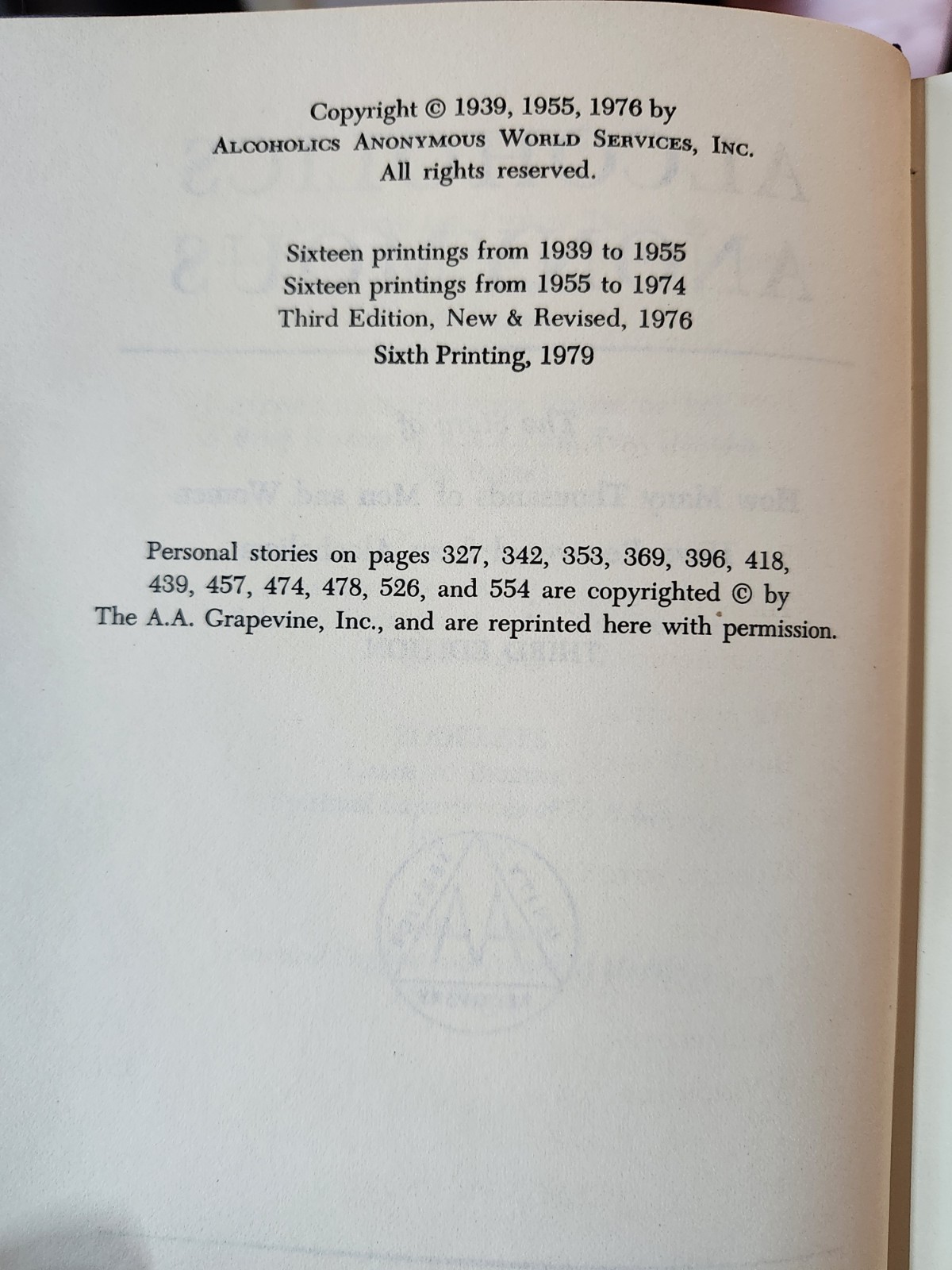 Alcoholics Anonymous Big Book Third Edition 1979 Sixth Printing Hardcover w/…