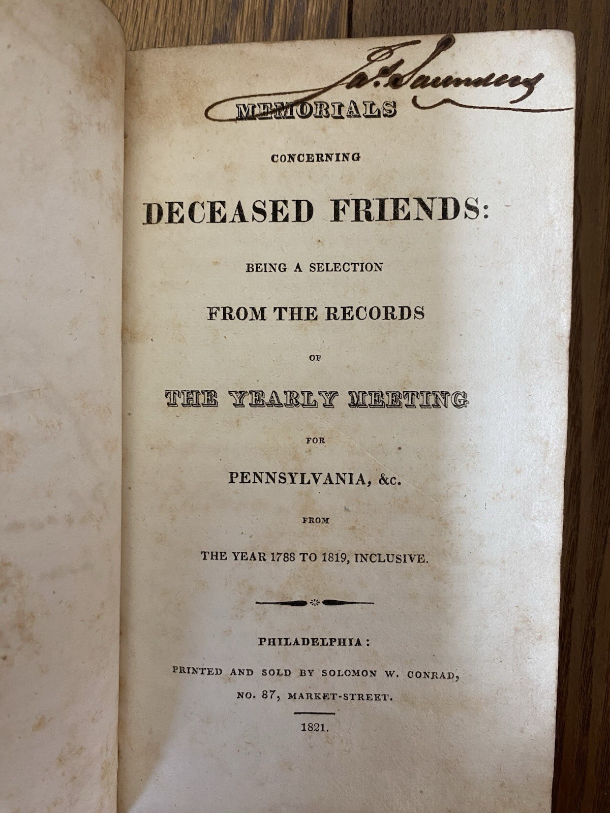 Memorials Concerning Deceased Friends 1788-1819 Pennsylvania 1821 Leather