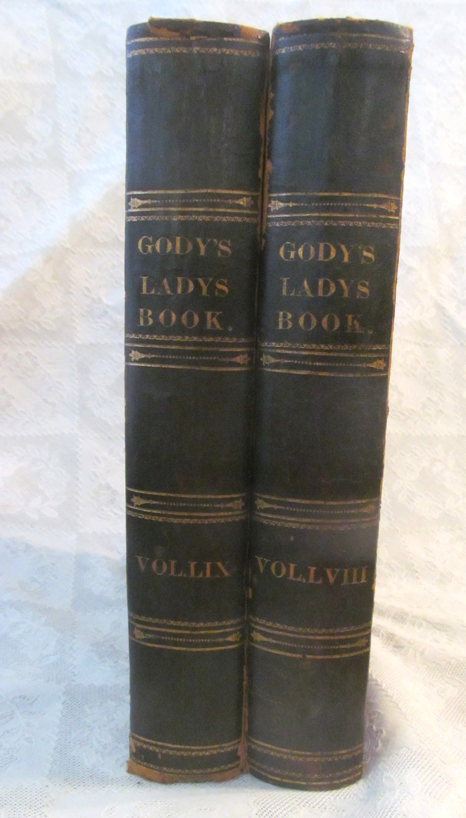 c1859 GODEYS LADYS BOOKS~2 Volumes Full Year~Antique Hand Tinted Fashion Prints