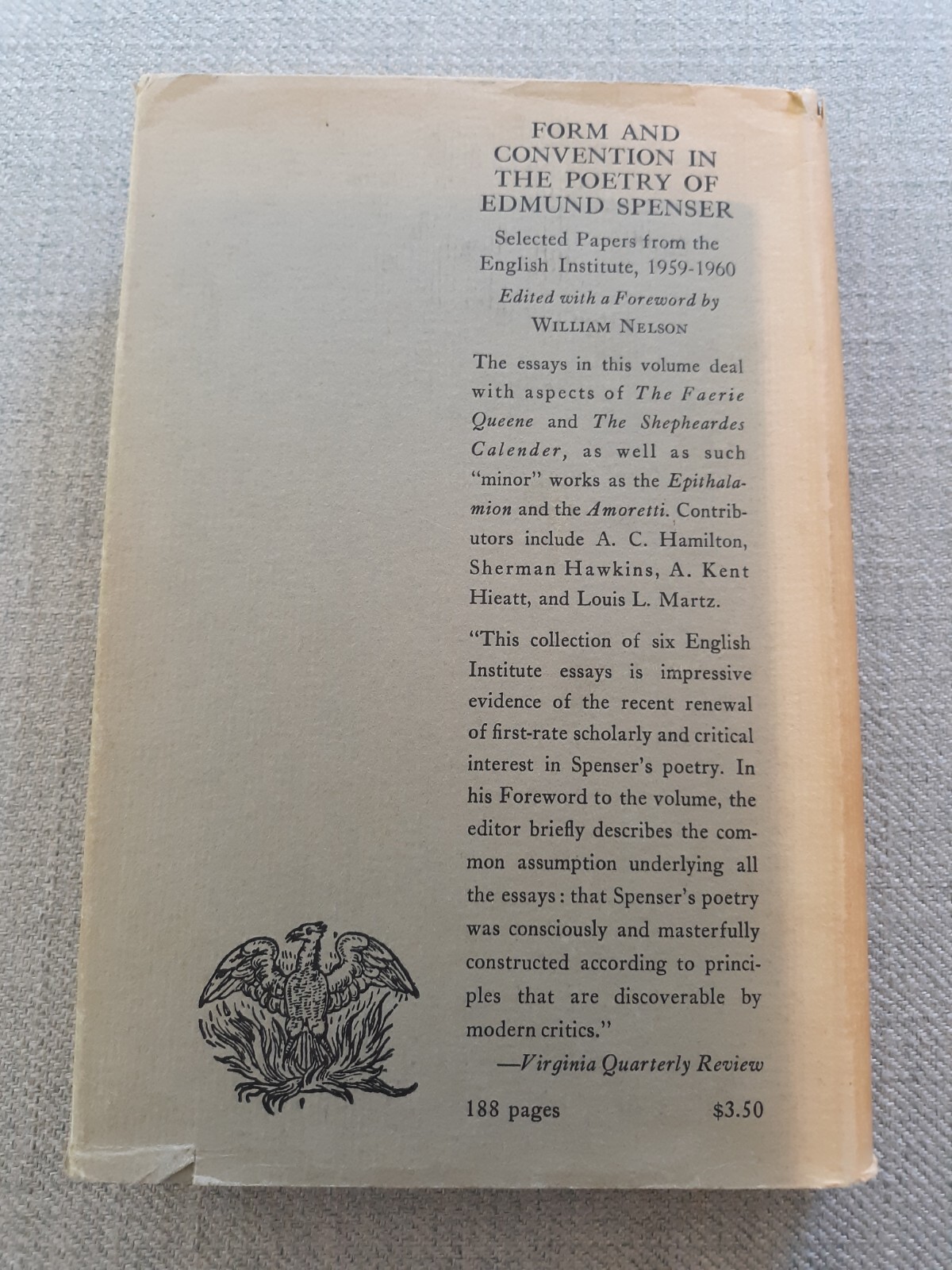 The Poetry Of Edmund Spenser By William Nelson, HCDJ 1963,Acceptable. ch