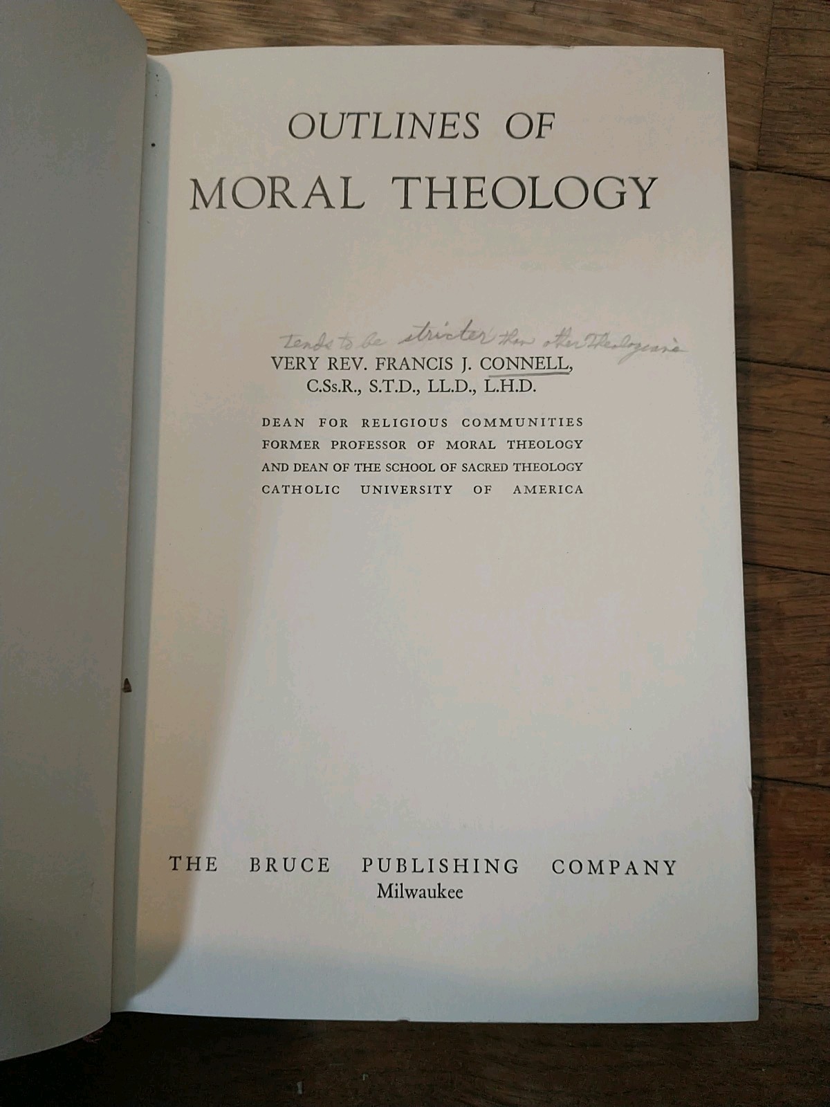Outlines of Moral Theology by Francis J. Connell 1958 Vintage Catholic 2nd Ed.