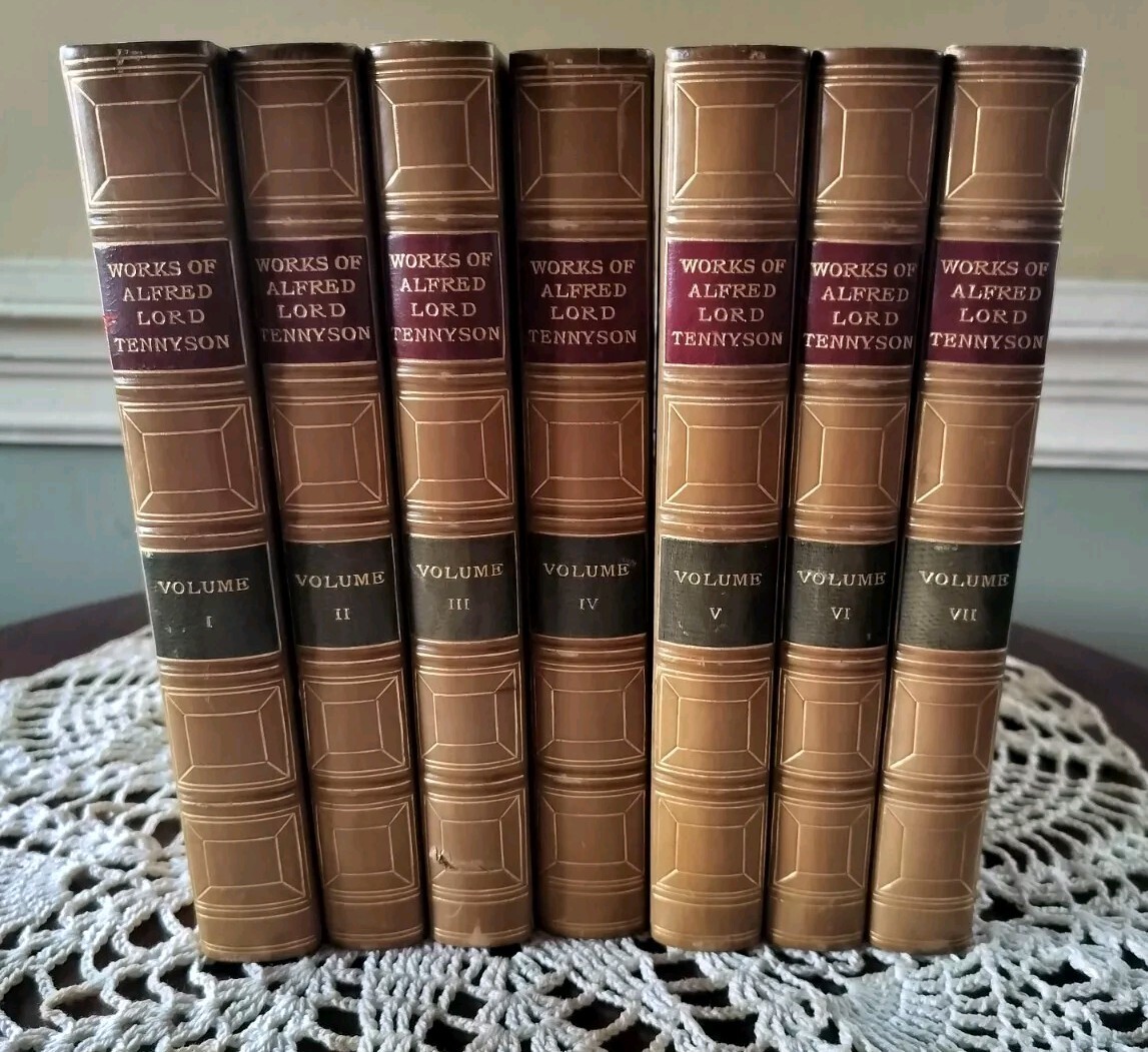 WORKS OF ALFRED LORD TENNYSON 7-VOLUME SET 1855 – 1904 LEATHER MARBELIZED COVERS