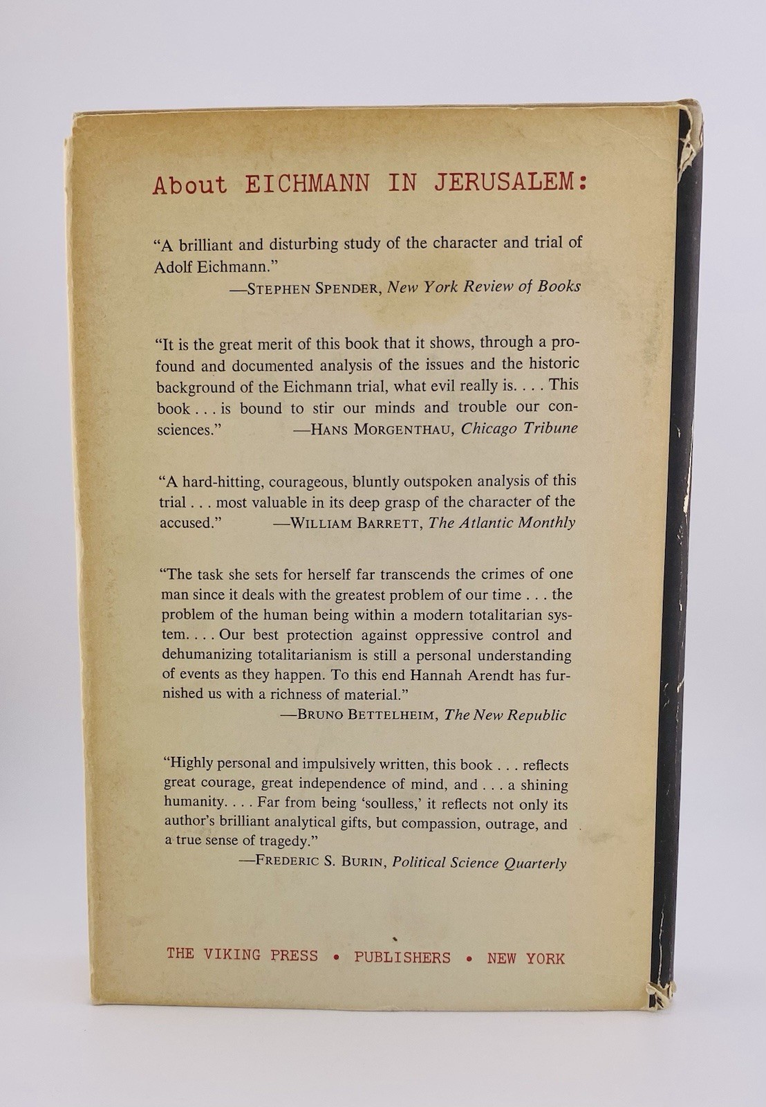 Hannah ARENDT, EICHMANN In JERUSALEM, EARLY EDITION, 1963 / 1965, DJ in Mylar