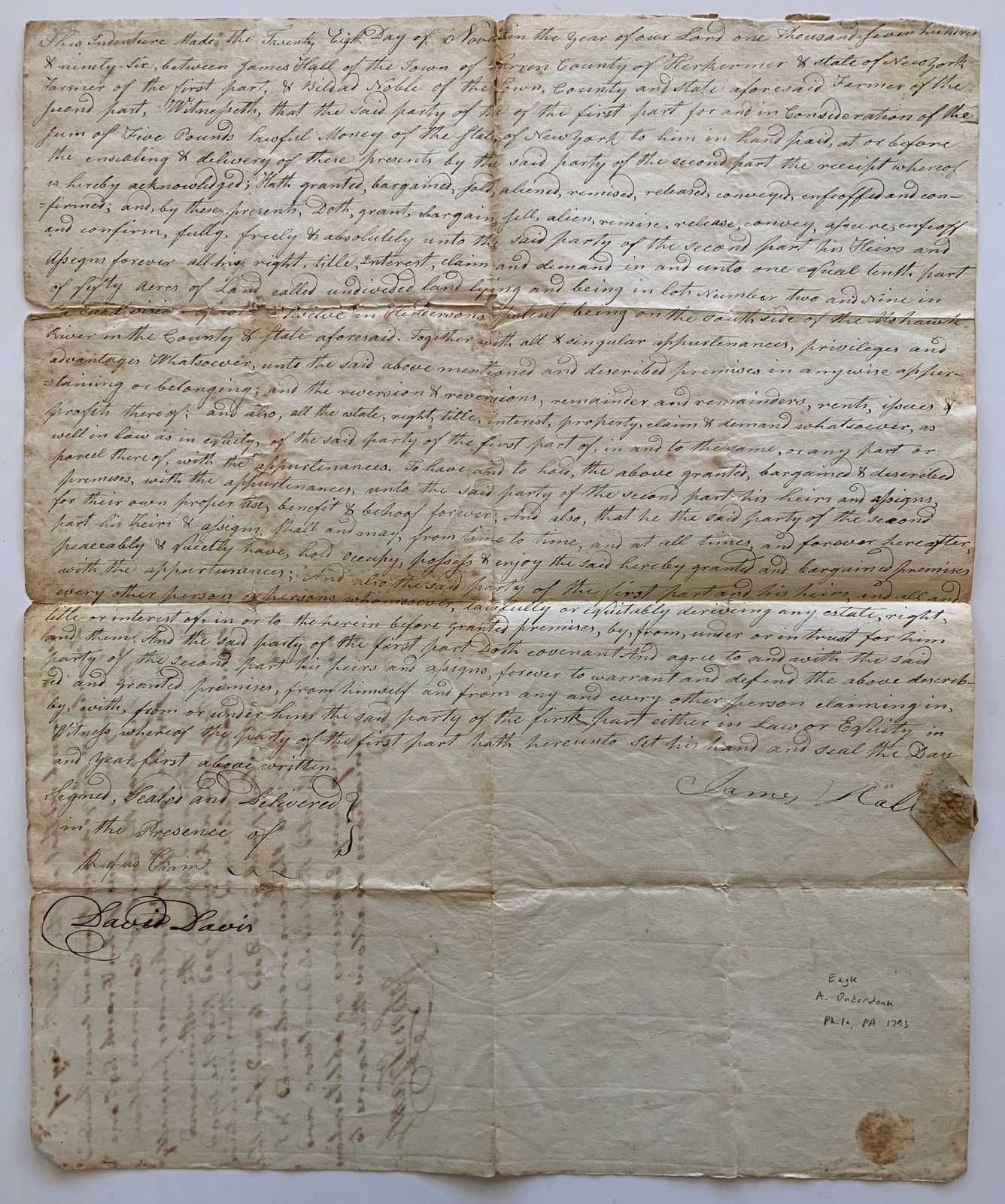 New York18th Century Hand-made Paper 1796 Indenture with Rare 1793 Watermark