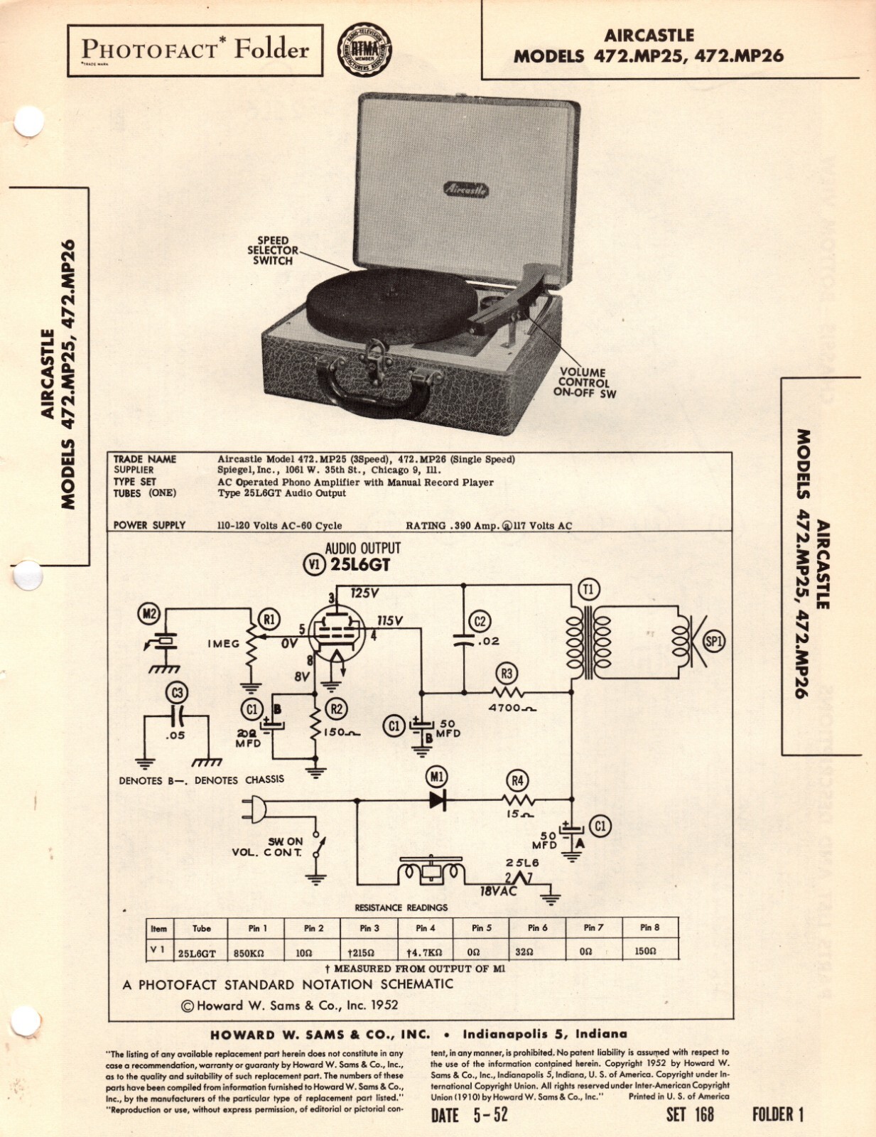 Aircastle – Model 472.MP25/26 – Record Player – Original Service Manual -1952