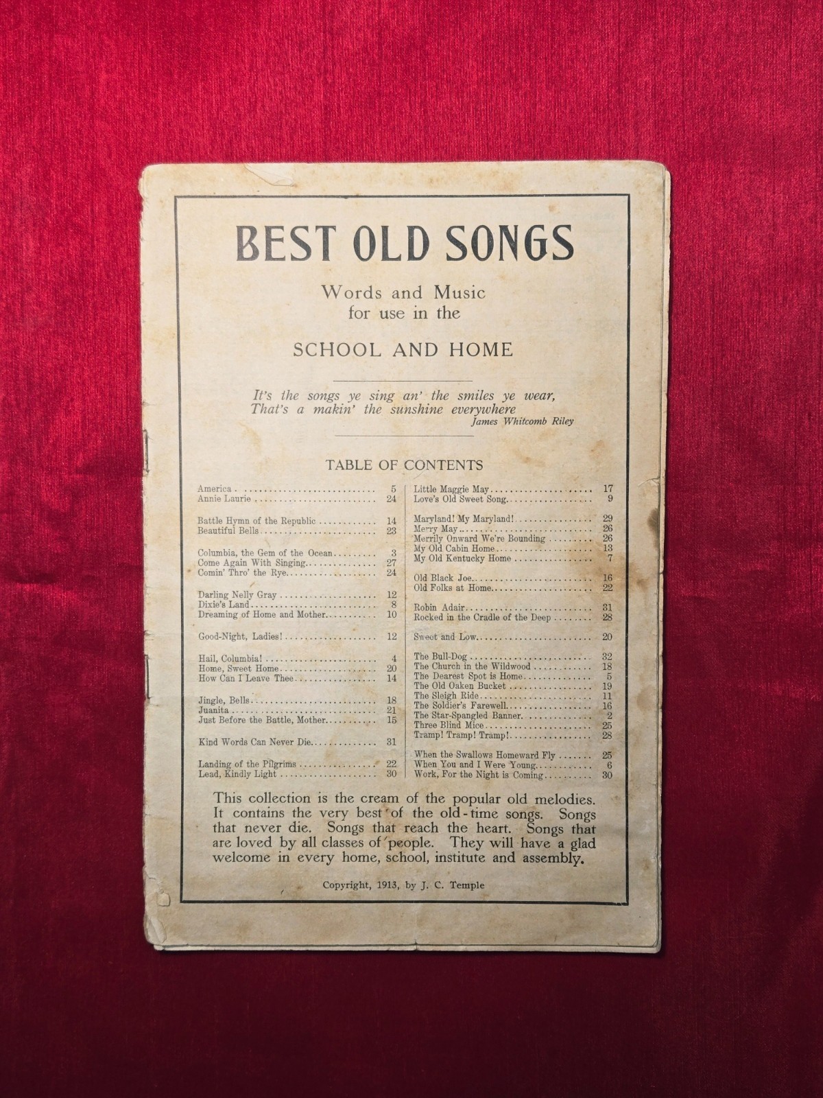 Vintage 1913 Best Old Songs For School & Home Use Sheet Music Book, 32 Pages