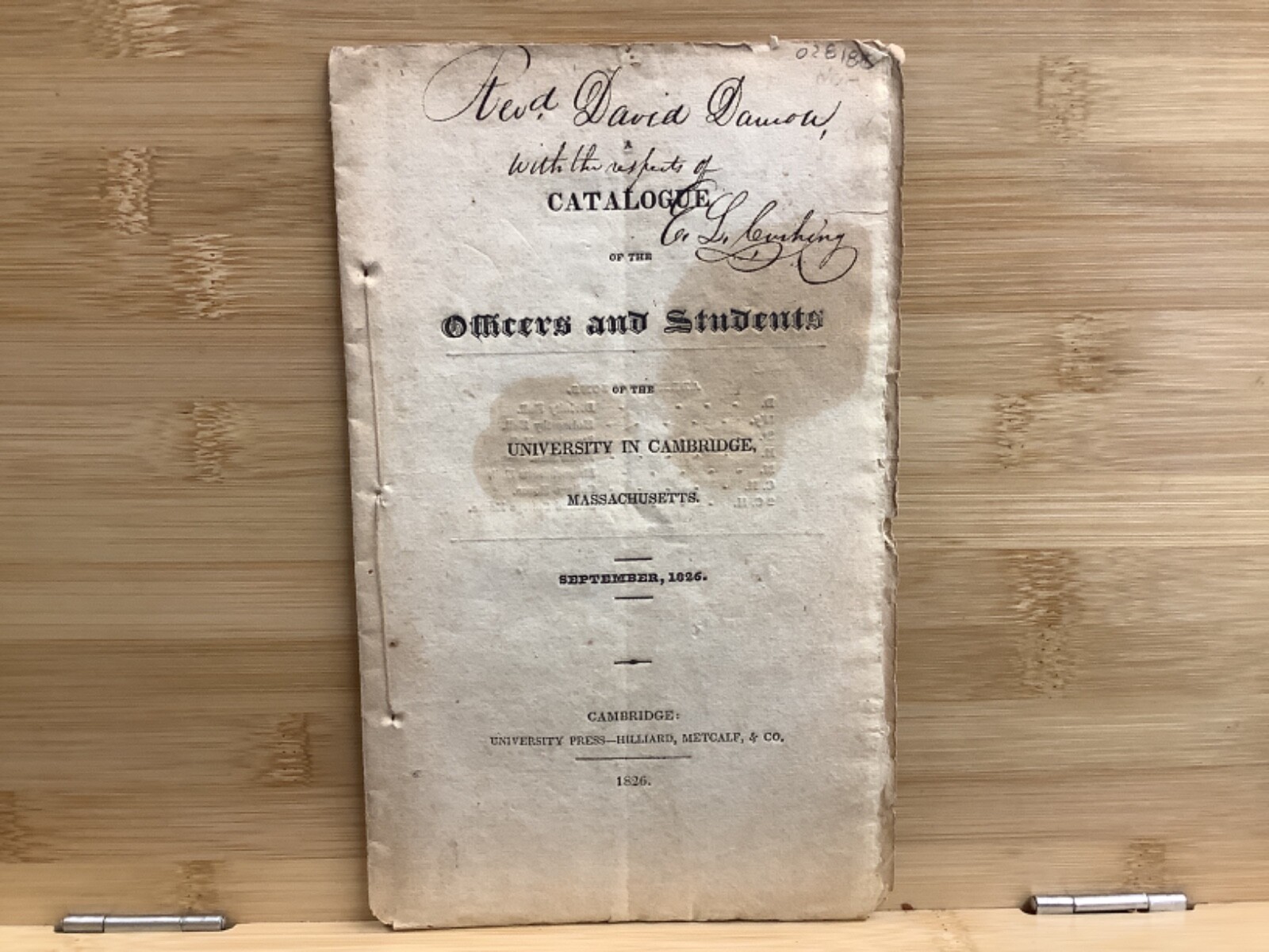 1826 Catalgue Of The Officers And Students Of Harvard University in Cambridge