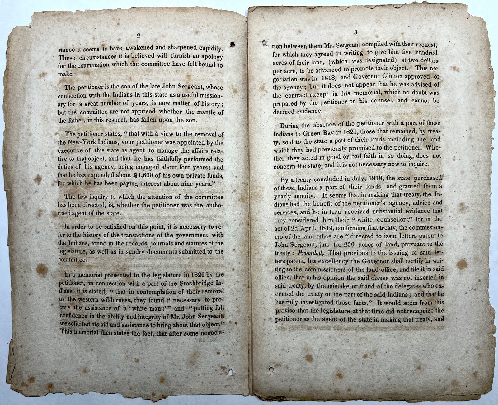 1829 NEW YORK ASSEMBLY REPORT RELIEF JOHN SERGEANT STOCKBRIDGE INDIANS GREEN BAY