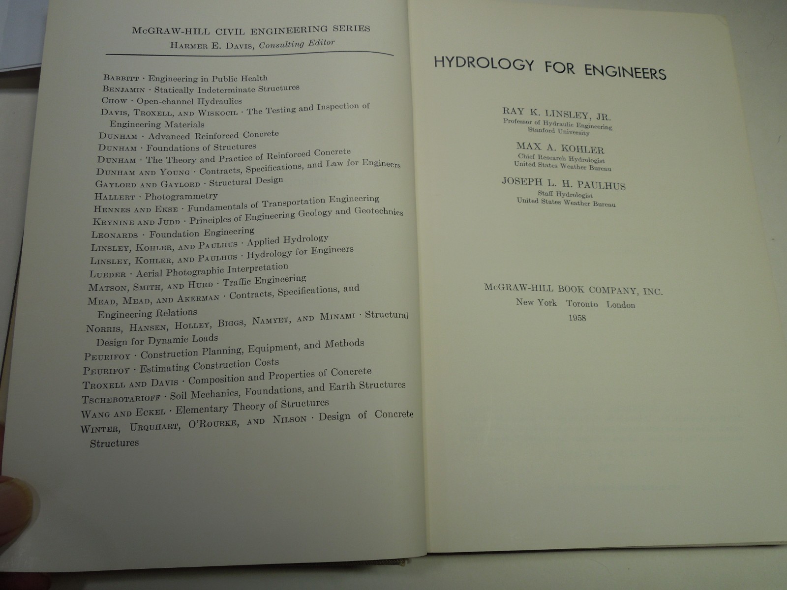 Hydrology for Engineers Linsley, Kohler & Paulhus 1958 McGraw-Hill