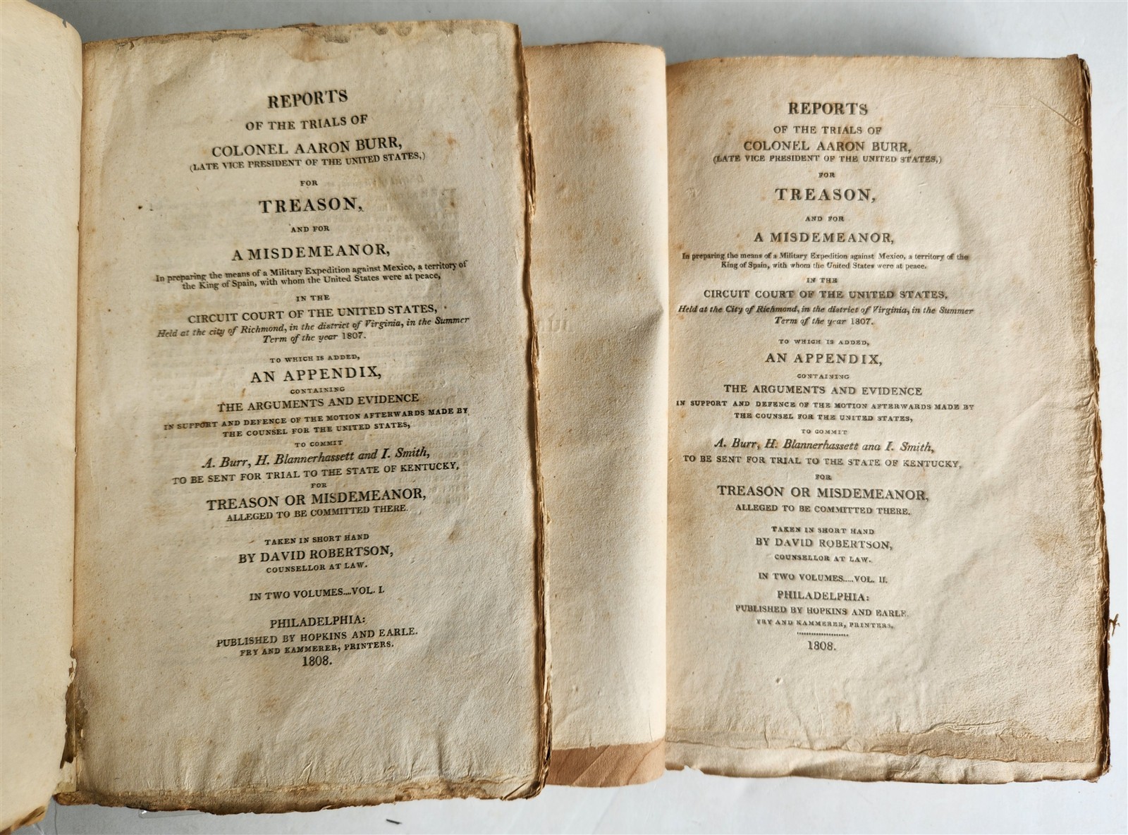 1808 TRIALS of COLONEL AARON BURR for TREASON & MISDEMEANOR 2 vols ANTIQUE