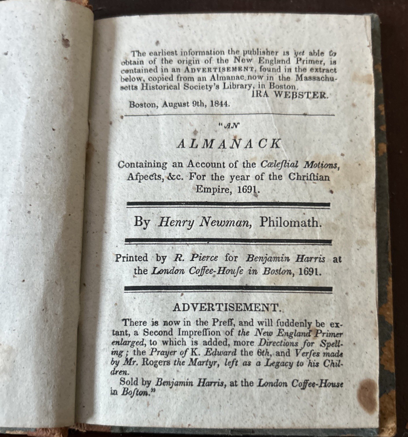 Rare 1844 Ira Webster Facsimile of Henry Newman’s 1691 Boston Almanack