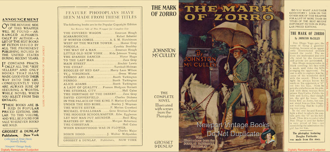 Johnston McCulley MARK OF ZORRO 1920 FAIRBANKS PhotoPlay Remastered Dustjacket