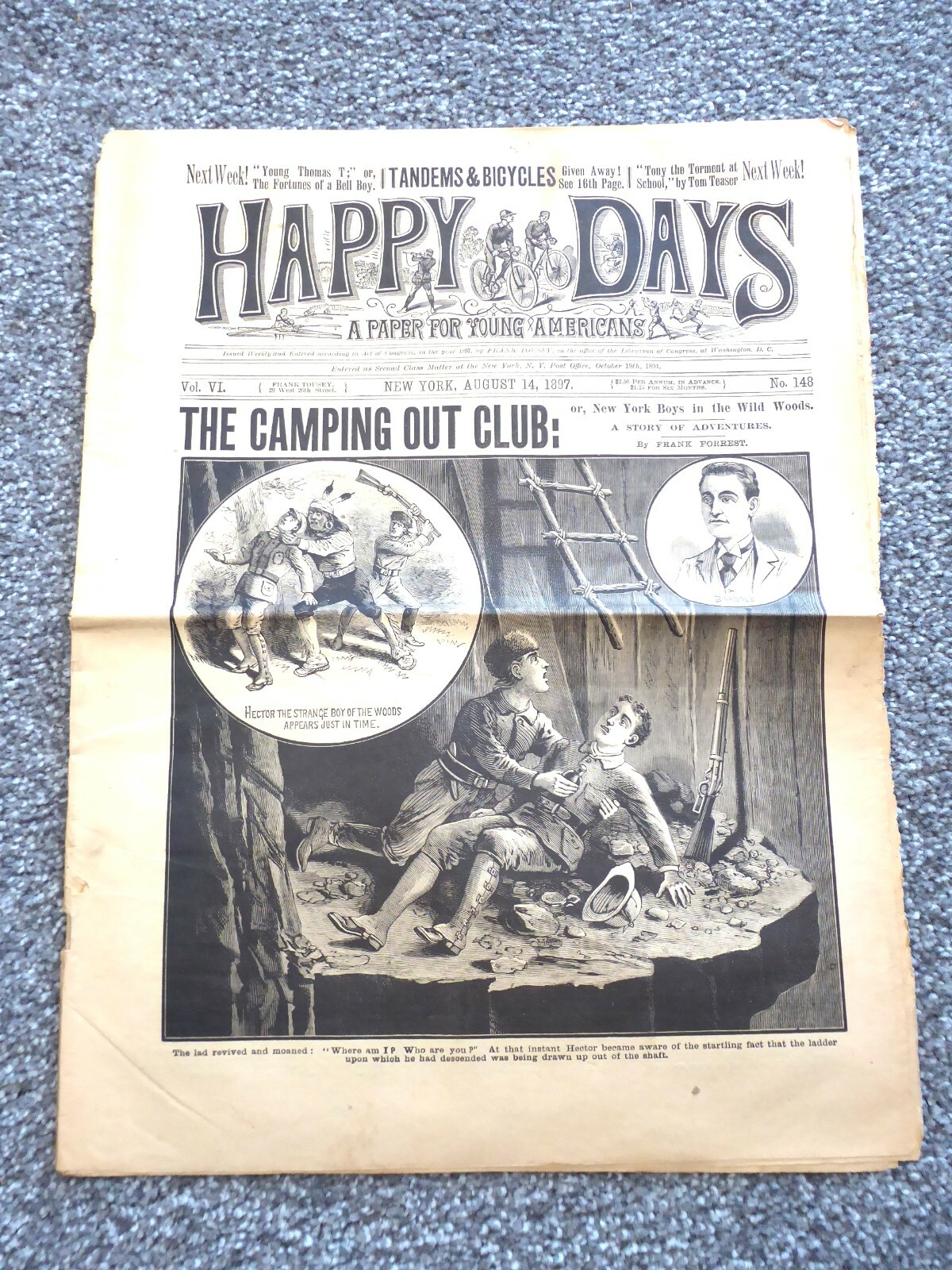 Happy Days dime novel The Camping Out Club in Wild Woods #148, August 14, 1897