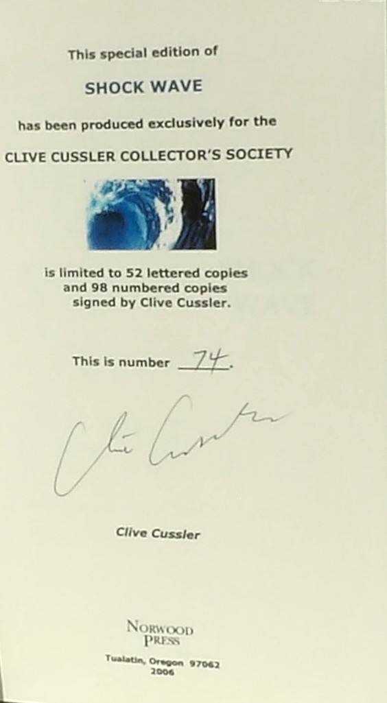 Clive Cussler SHOCK WAVE Signed, Limited Edition #74 with Slipcase