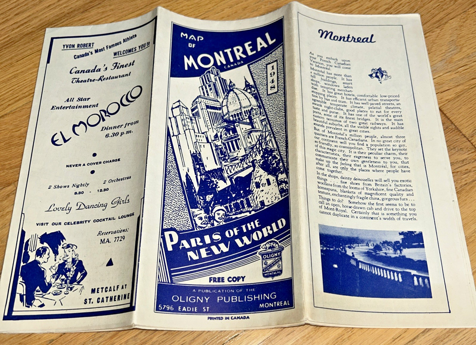 1948 MAP OF MONTREAL, PARIS OF THE NEW WORLD, Oligny Publishing