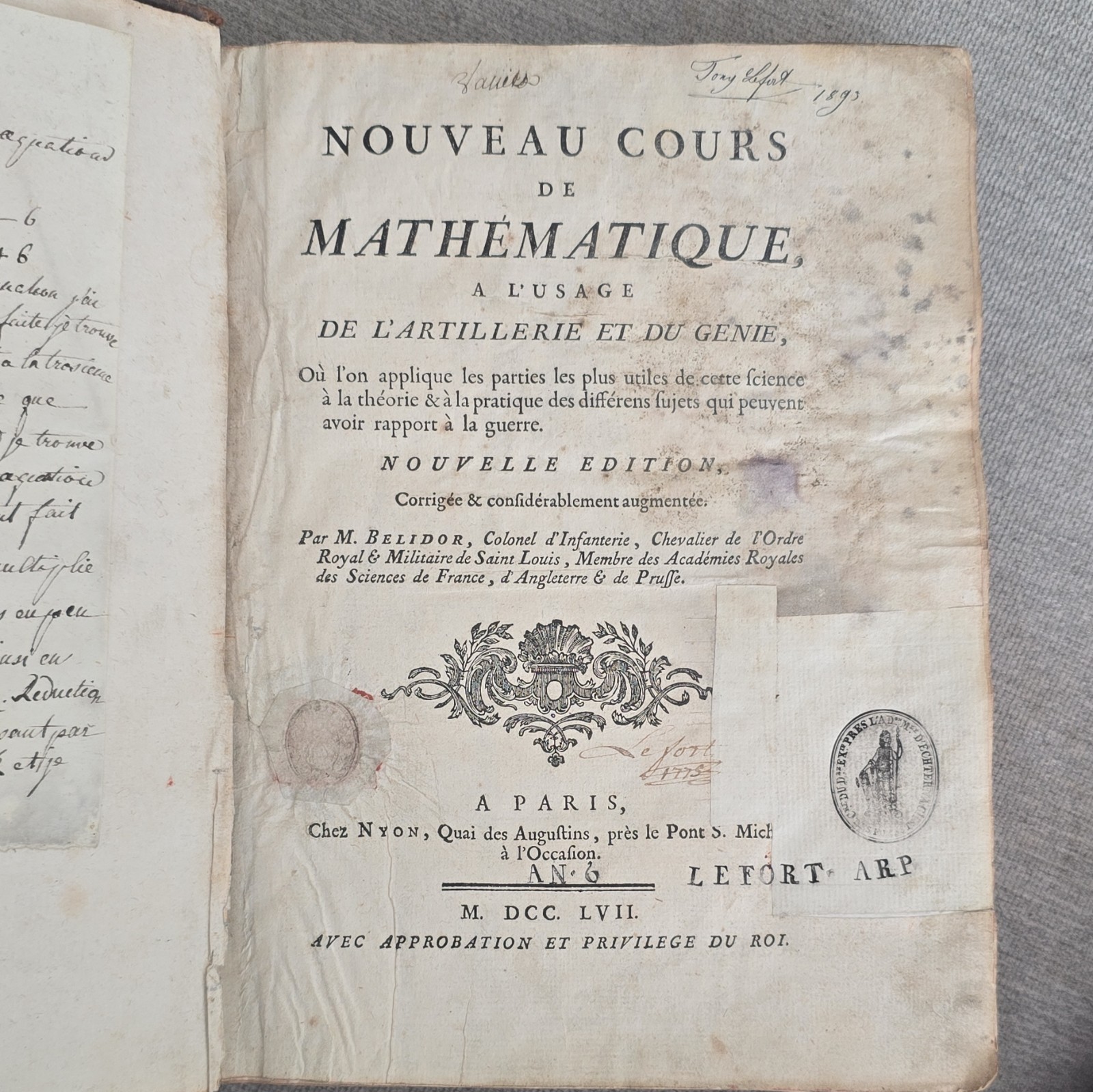 M. Belidor Nouveau Cours de Mathematique Paris Nyon 1757 Leather Illus French