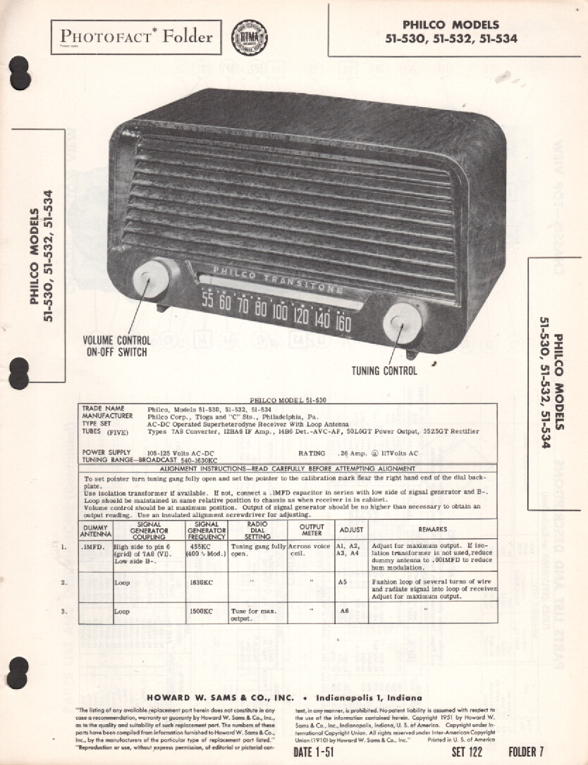 Philco – Model 51-530-532-534 – Radio – Original Service Manual – 1951