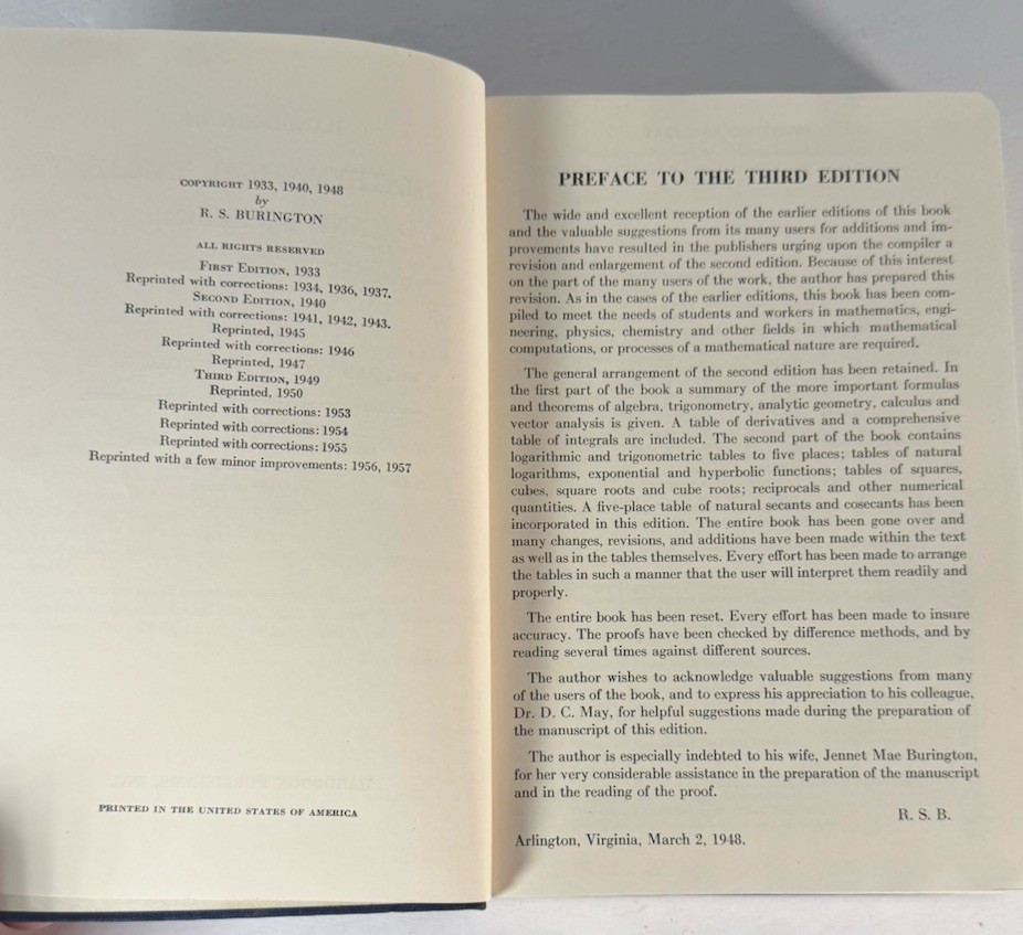 Handbook of Mathematical Tables & Formulas Burington 1949 3rd Ed 1956–57 Reprint
