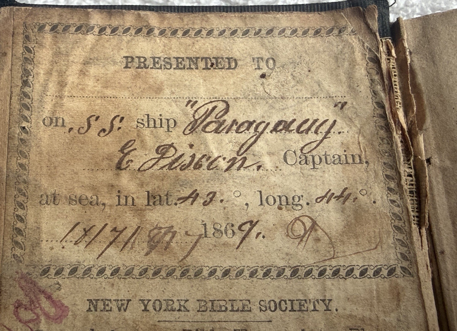 Germany 1860s Holy Bible New York American Bible Society Immigrant SS Paraguay