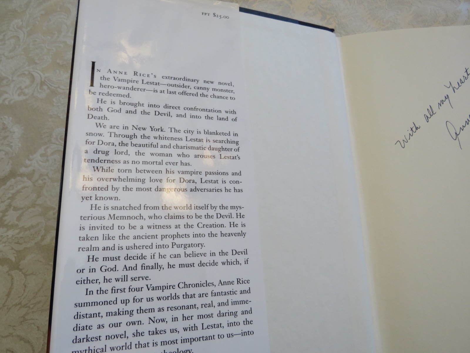 Anne Rice MEMNOCH THE DEVIL Signed HC/DJ 1st Edition – Pristine Condition