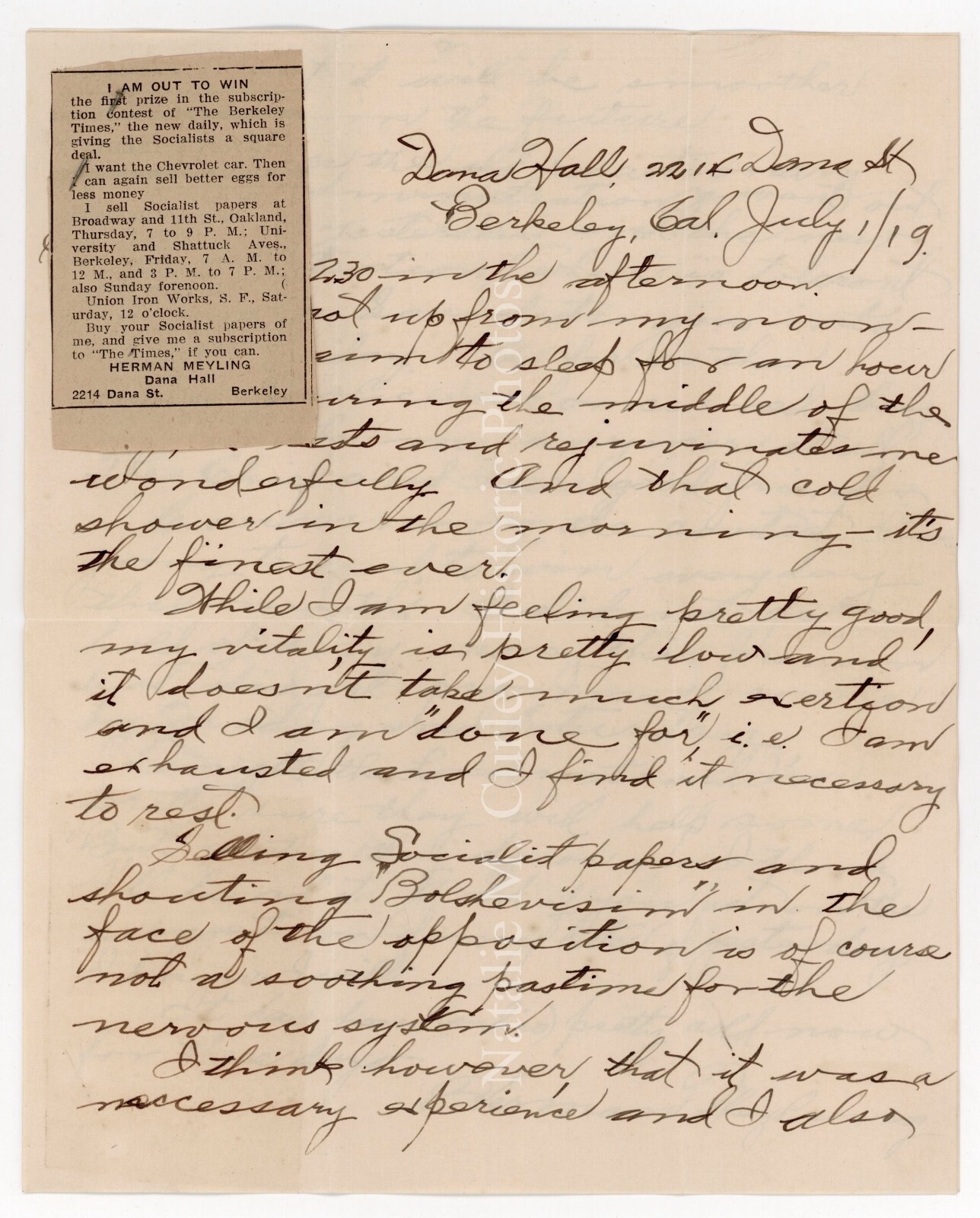 1919 Socialist Political Newspaper Salesman Letter Berkeley CA