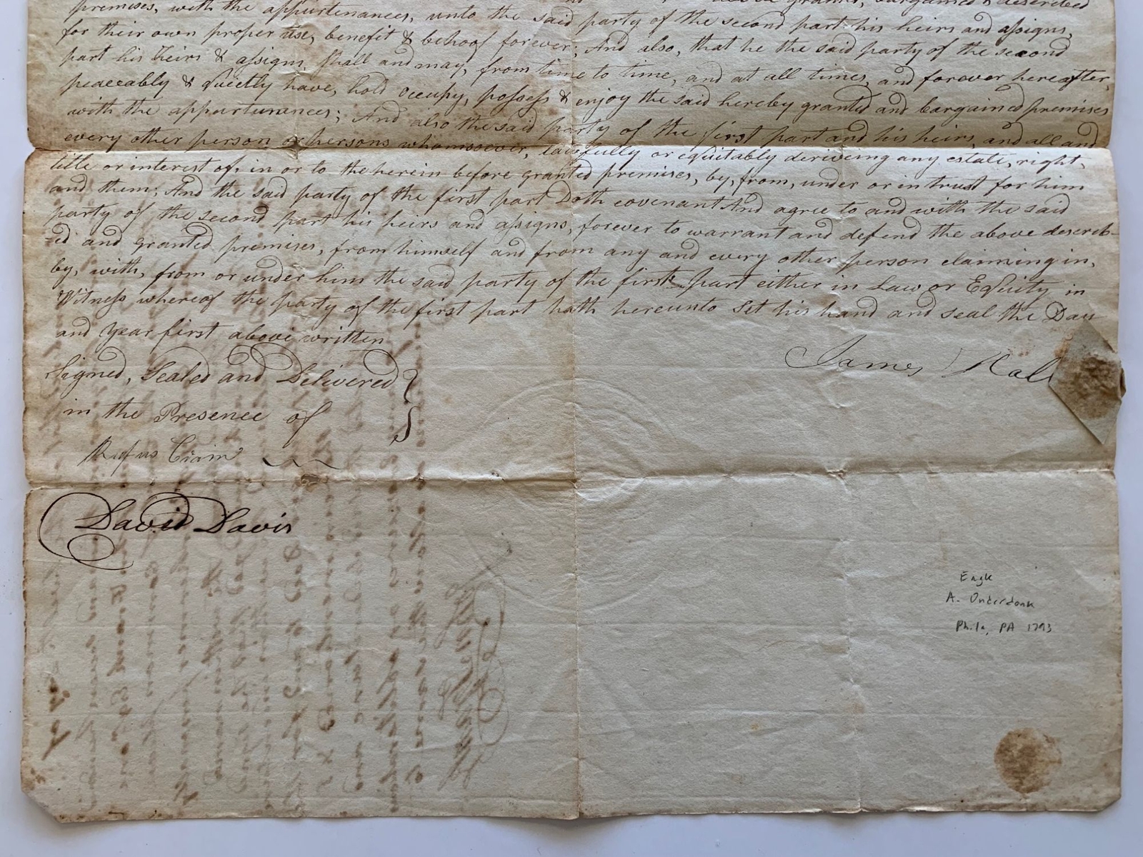 New York18th Century Hand-made Paper 1796 Indenture with Rare 1793 Watermark