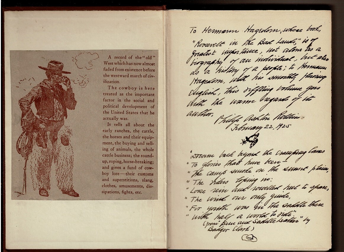 THE COWBOY by Rollins, Philip A. 1924 inscribed edition.