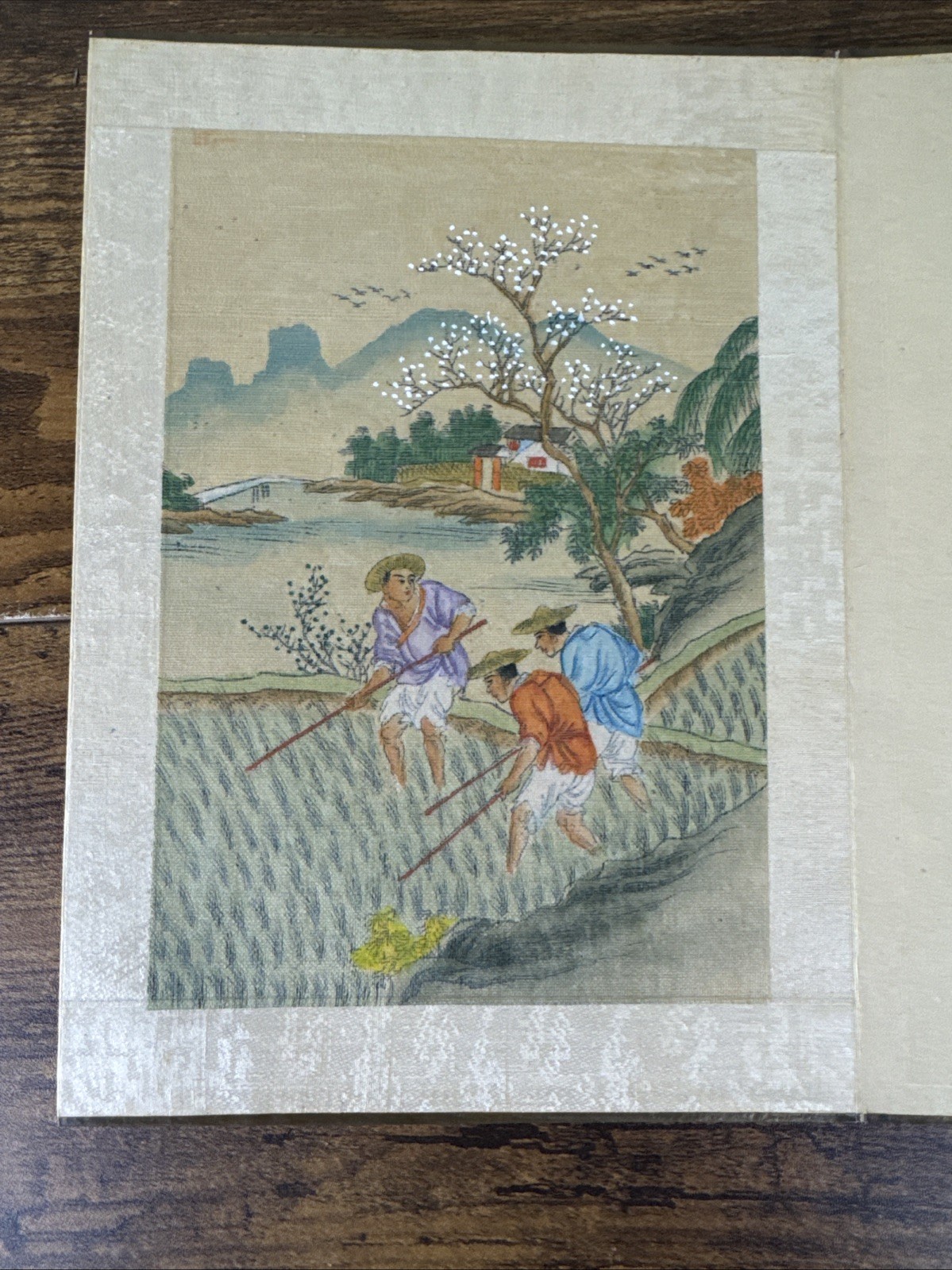 THE STORY OF RICE ~ CHINESE/ENGLISH ILLU. WOODEN ACCORDION BOOK ~ C. EARLY 1900S