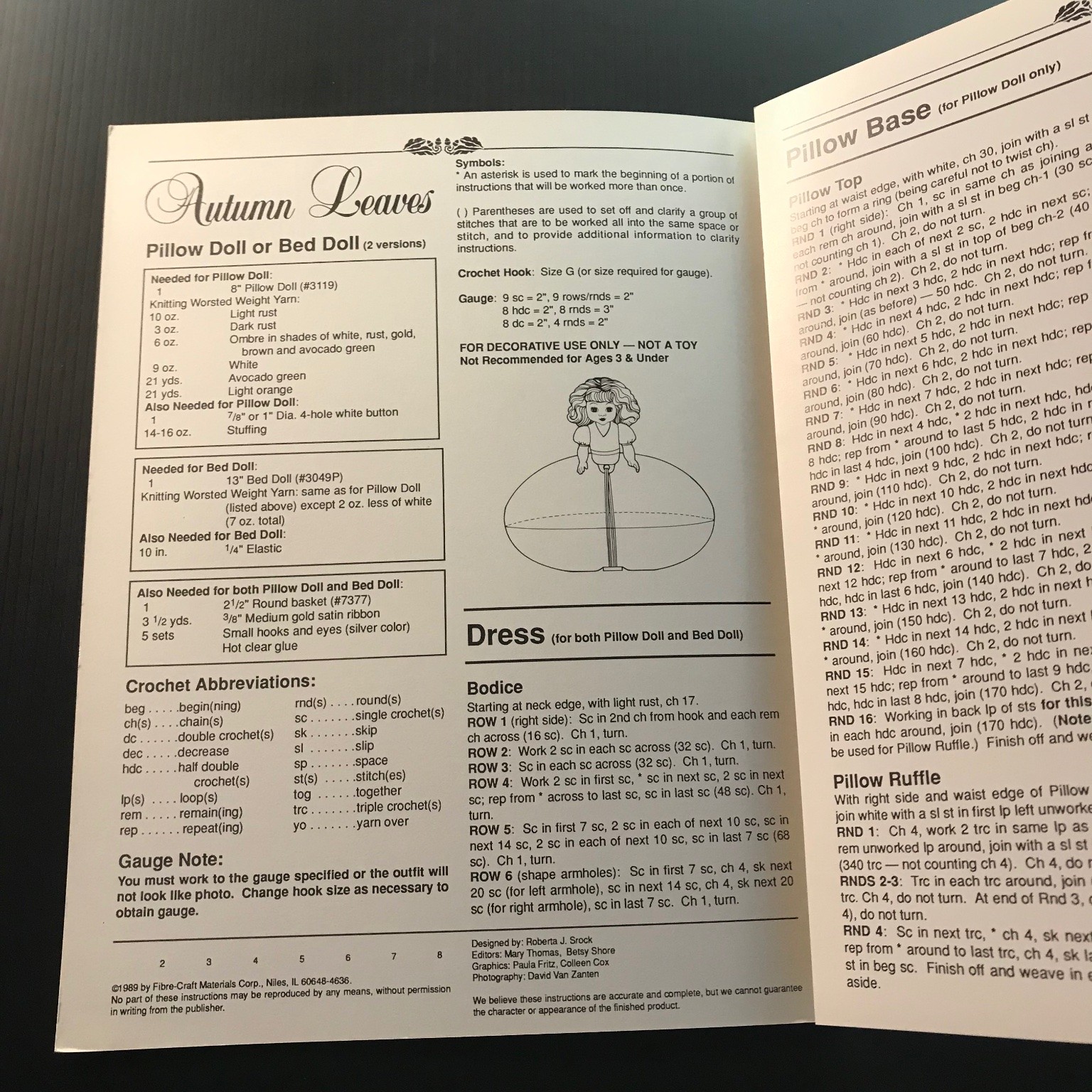 Autumn Leaves Crochet Fall Outfit 10.5″ Pillow Doll Dress Pattern 1989 FCM198