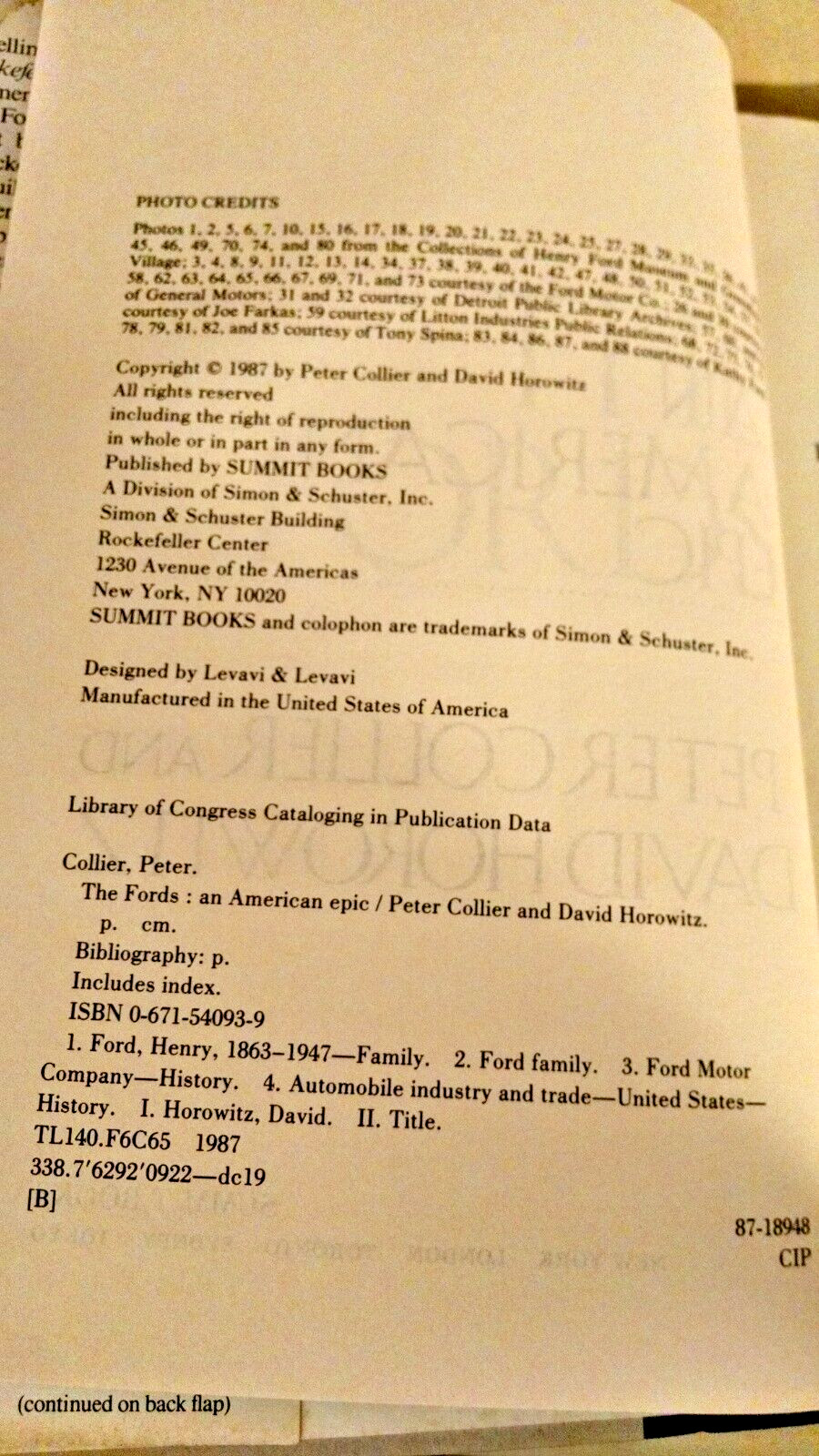 FORDS AN AMERICAN EPIC BY PETER COLLIER DAVID HOROWITZ HC/DJ SUMMIT 1987 ILLSTD.