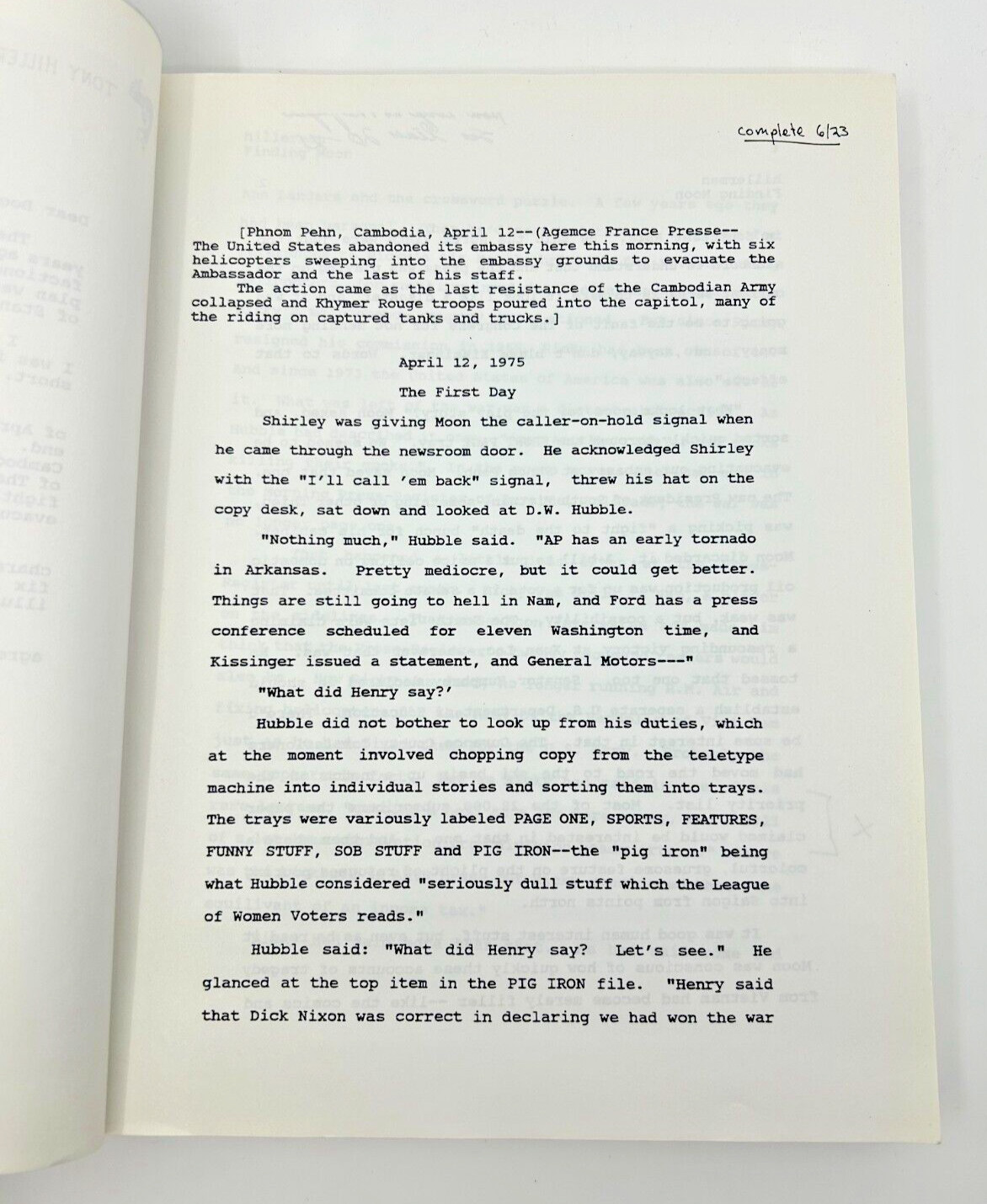Finding Moon Tony Hillerman Galley Proof Uncorrected Manuscript