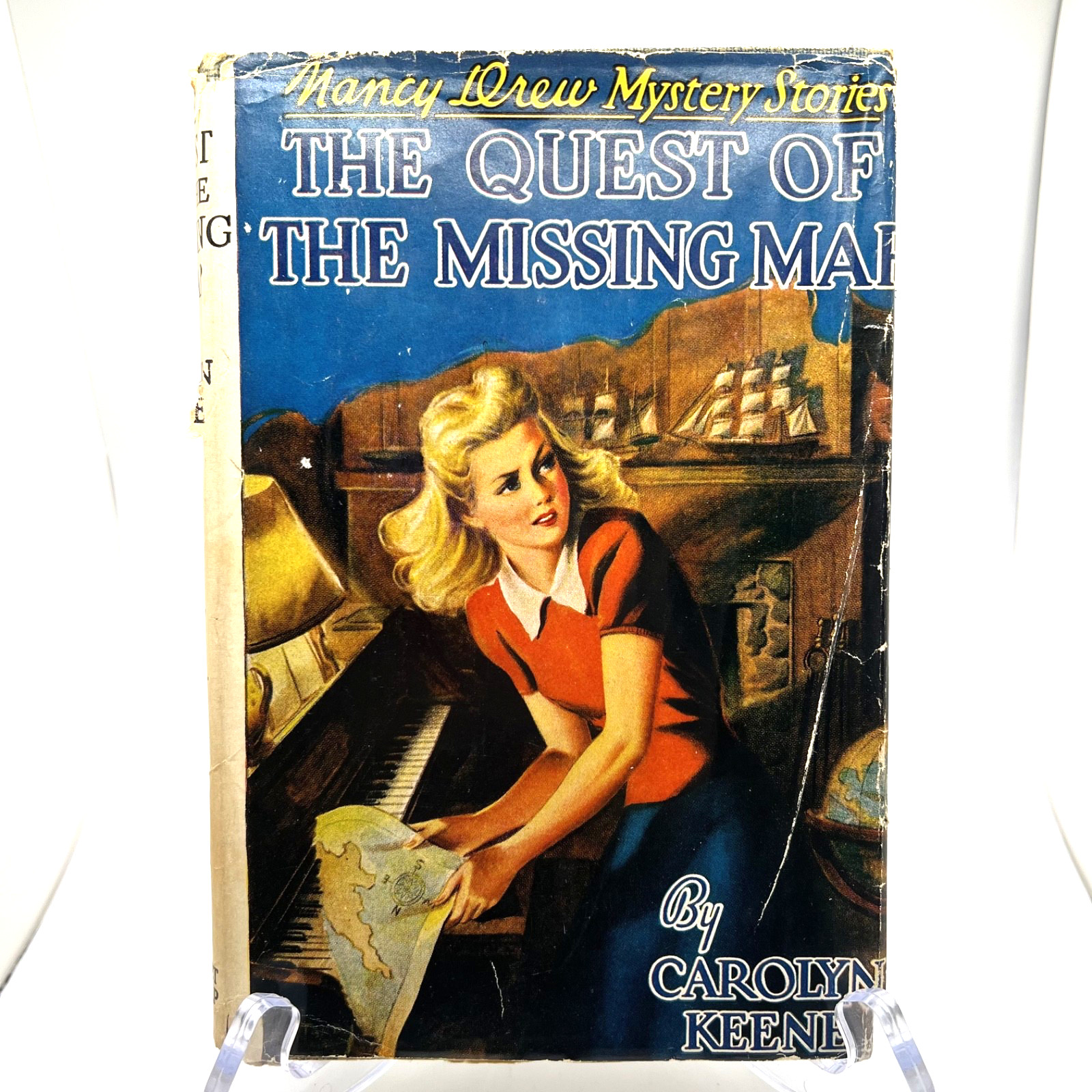 Vtg NANCY DREW #19 THE QUEST OF THE MISSING MAP – Blue Tweed White Spine Wrapper