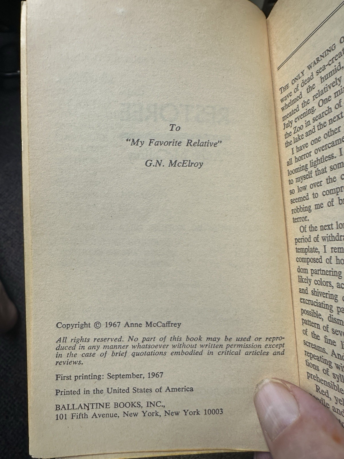 Restoree Anne McCaffrey 1967 Pbk Ballantine U6108