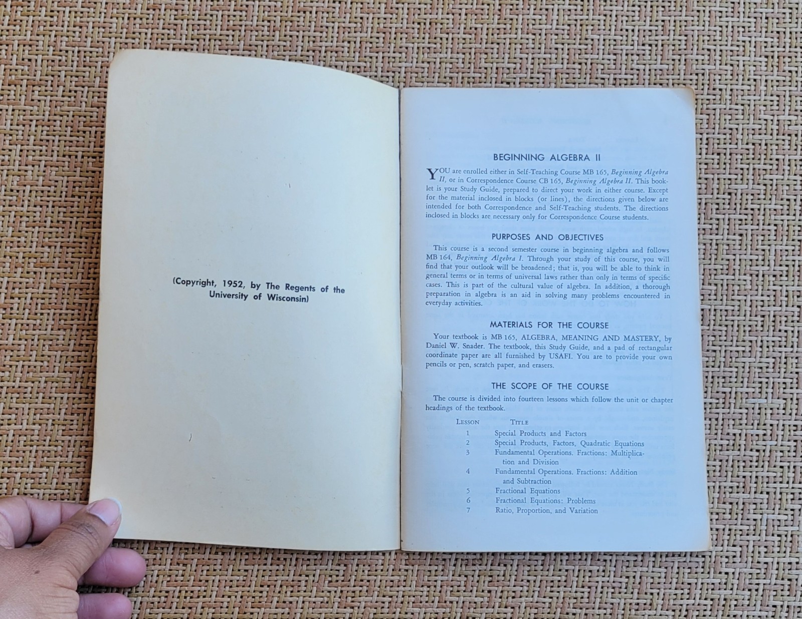 Vintage 1952 Booklet: Study Guide for Beginning Algebra II by US Armed Forces