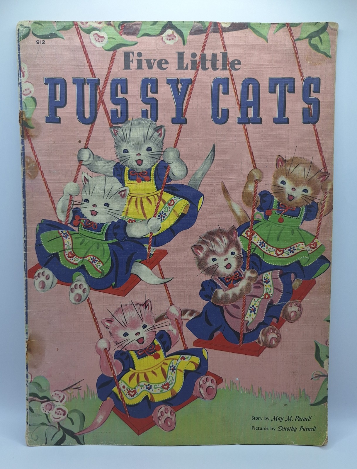 Five Little Pussy Cats Whitman 1942 Linen Book May Dorothy Purnell #912 Vintage