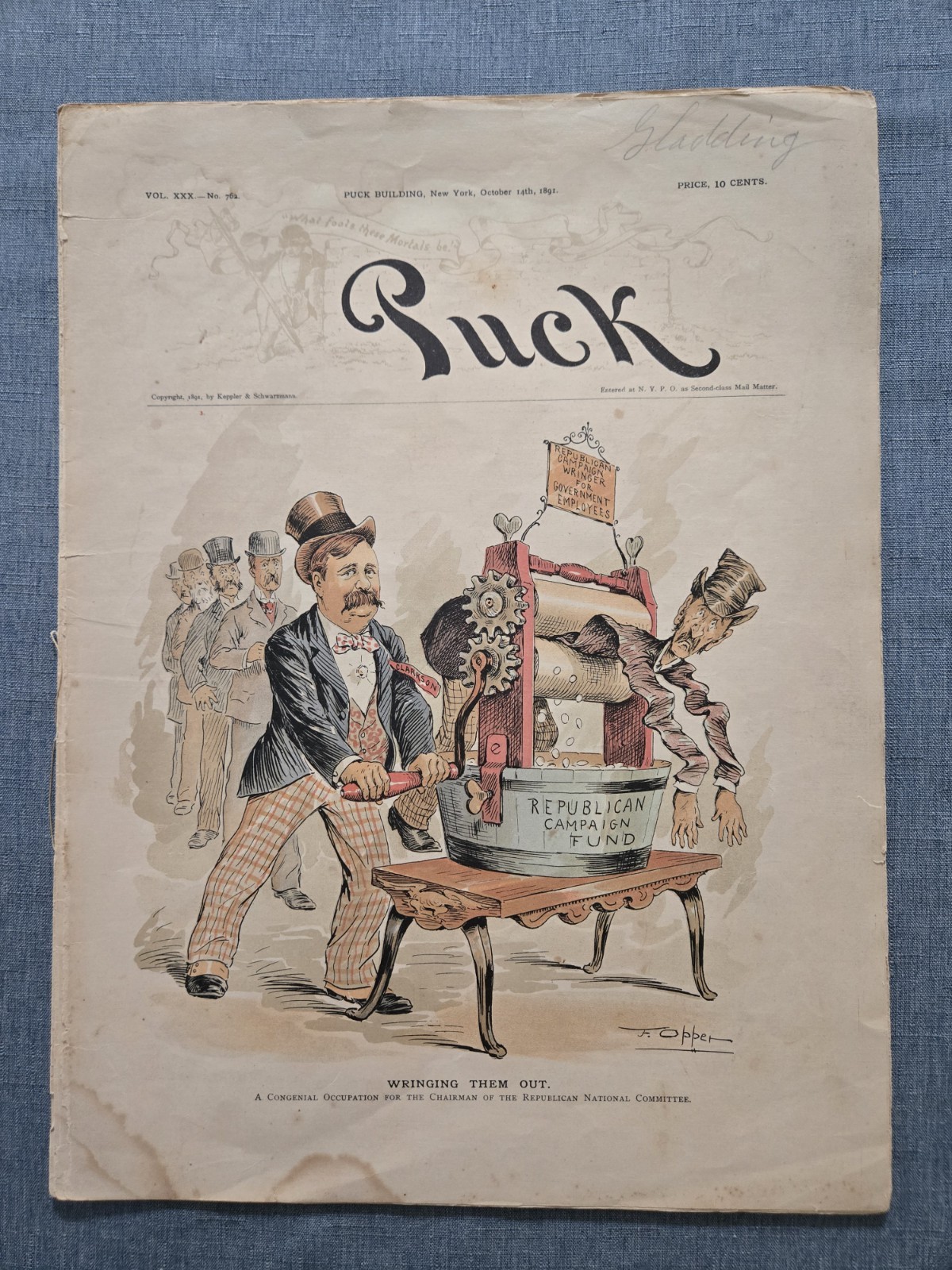 PUCK Magazine Political Satire Oct 14 1891 Cartoons Humor Ads Uncle Sam Ctr Fold