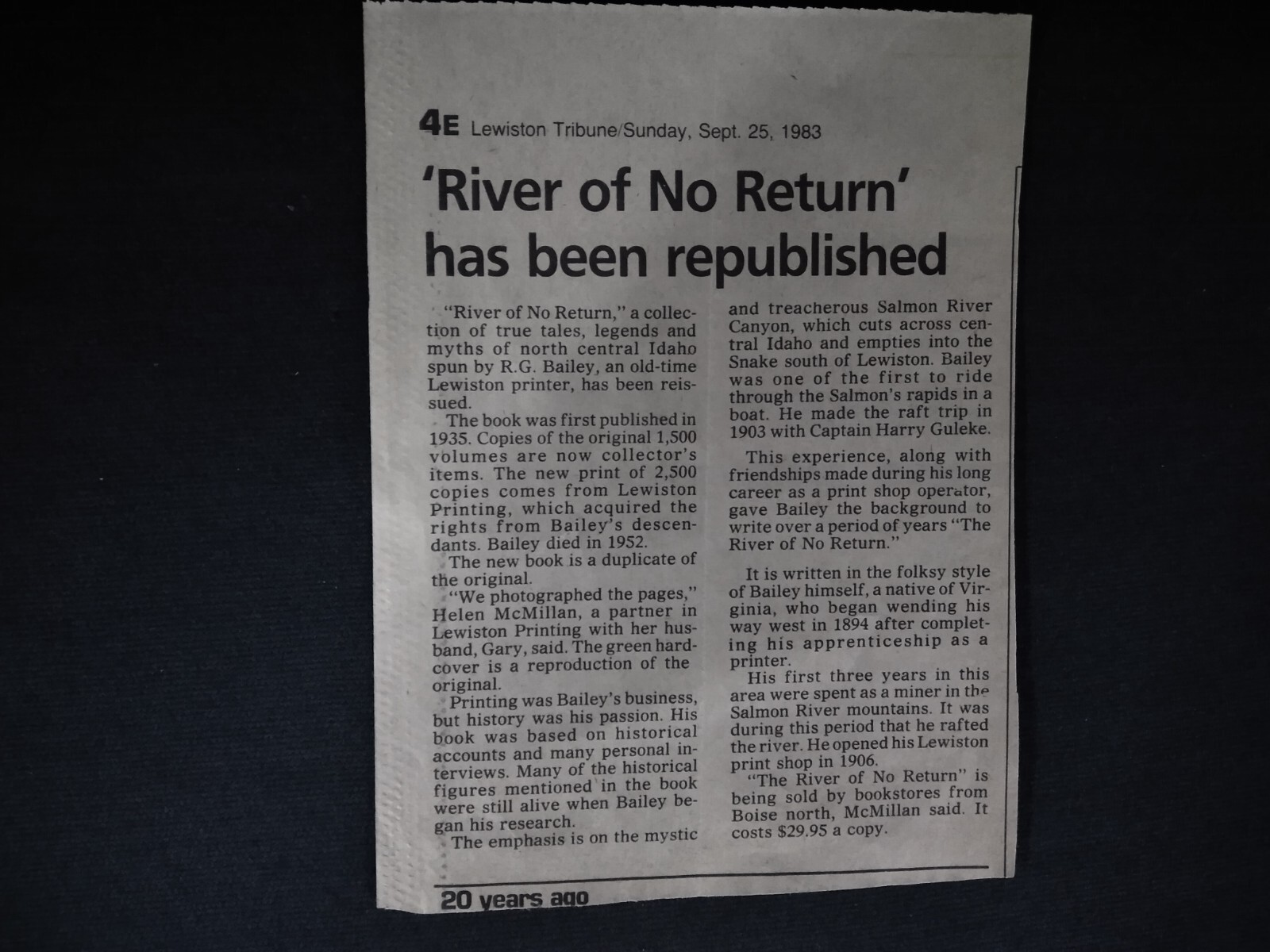 1935 RARE – River of No Return – Robert G Bailey – #737 Limited 1st Edition