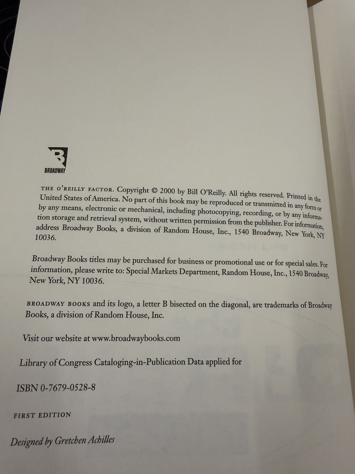 The O’Reilly Factor Bill O’Reilly FIRST EDITION 2000 Hardcover Political