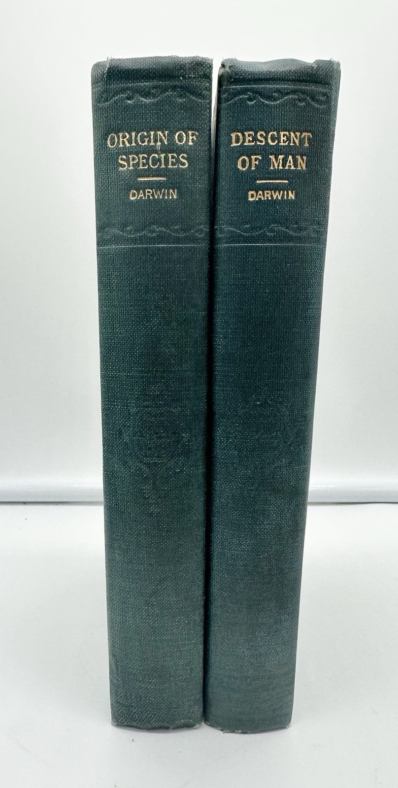 Charles Darwin Origin of Species & Decent Of Man Green Cloth Hardcover Vtg. READ
