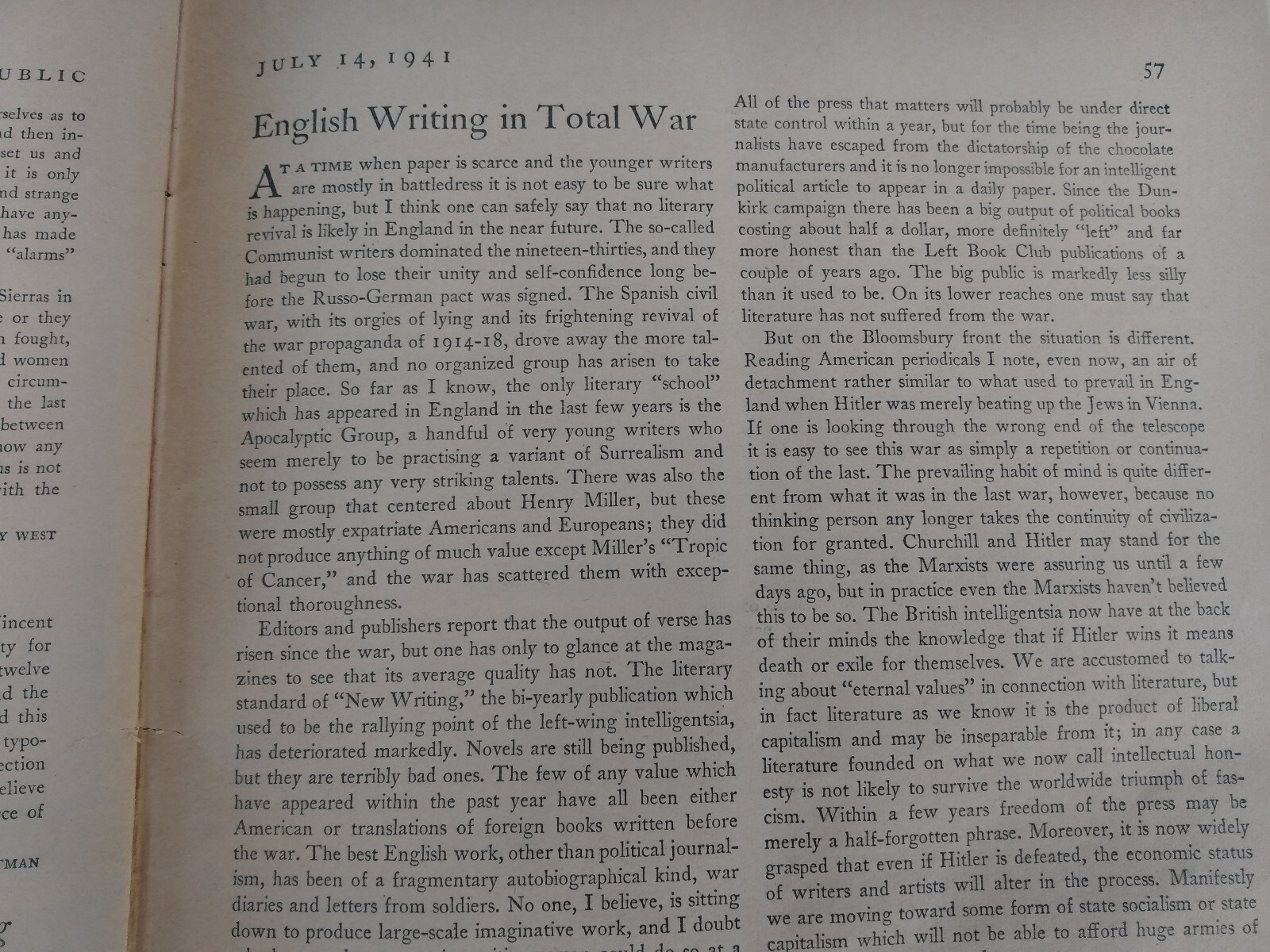 George Orwell 1st Publications World War 2 WWII Era Politics New Republic 1940s