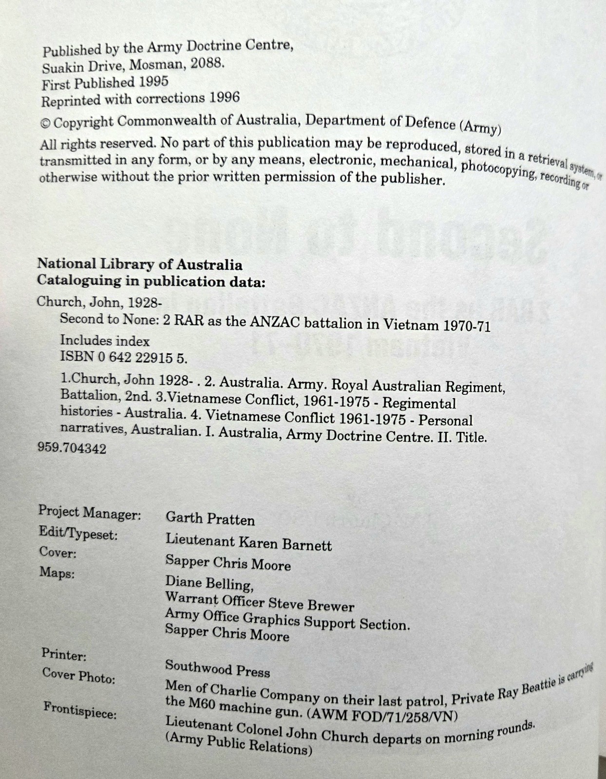 SECOND TO NONE 2 RAR as the ANZAC Battalion in Vietnam 1970-71 (1996, Softcover)