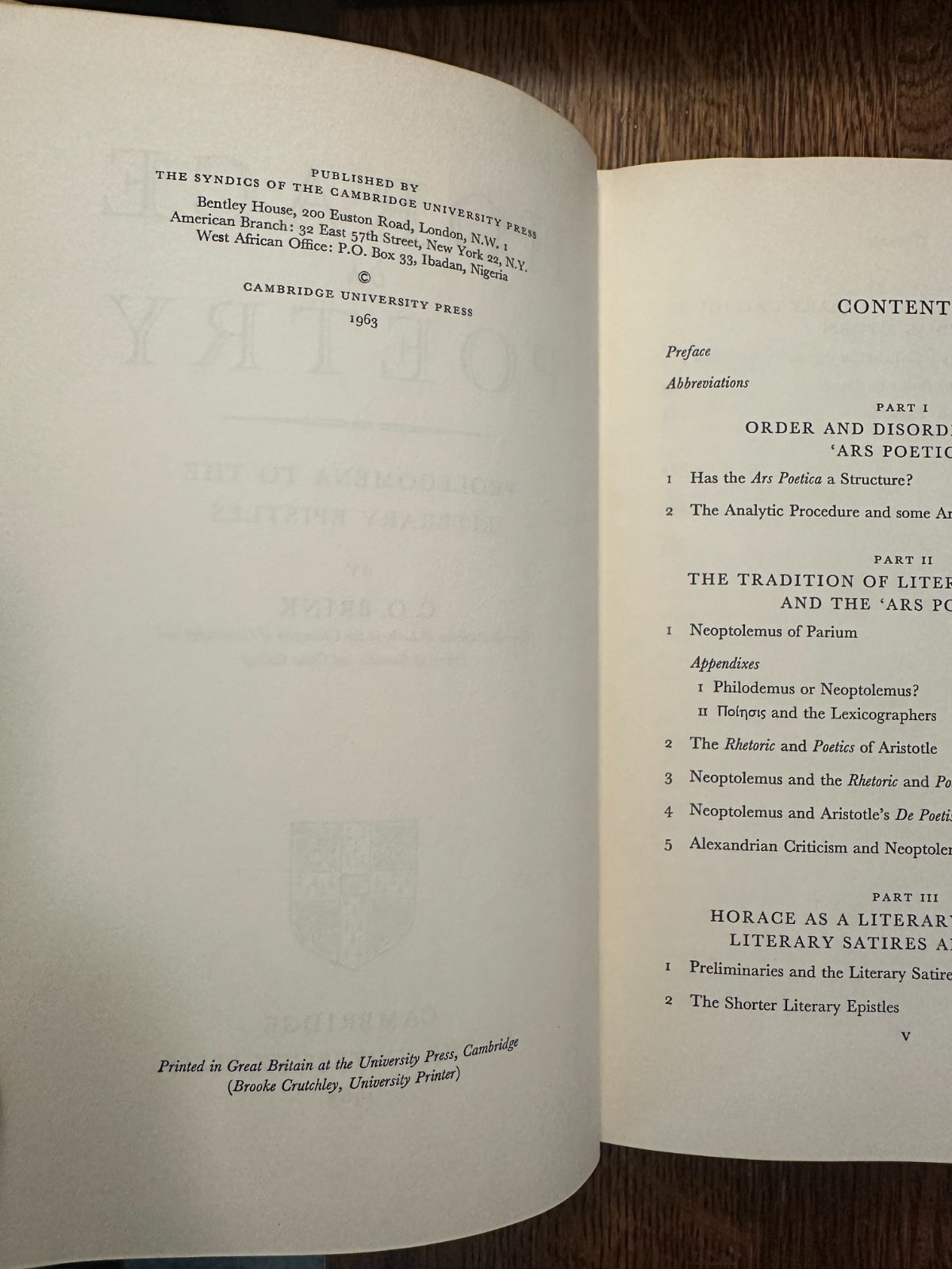 Horace on Poetry: Prolegomena to the Literary Epistles C.O. Brink 1963 HC/DJ