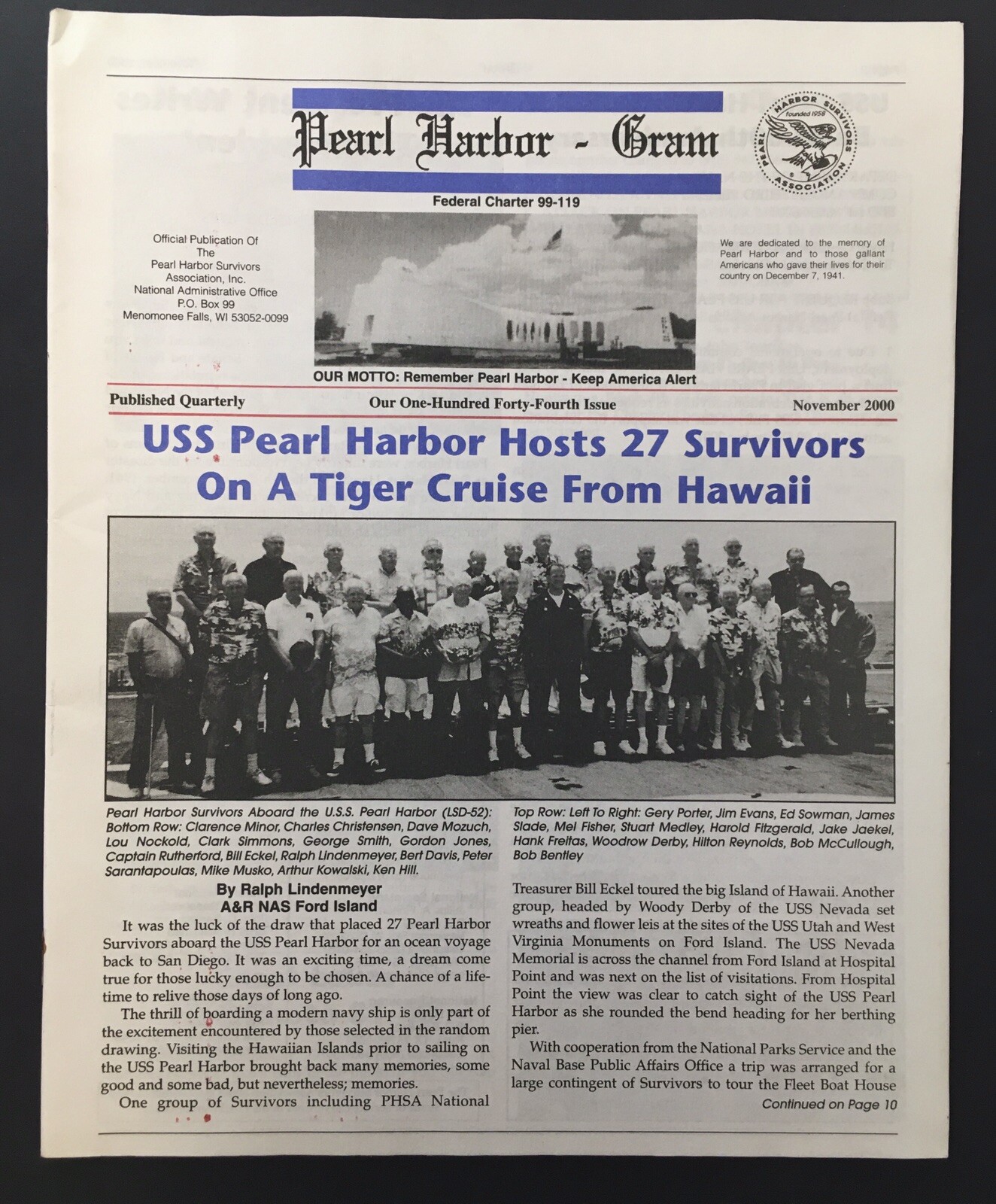 Pearl Harbor – Gram Survivors Association Newsletter Nov 2000 Issue 144 WW2