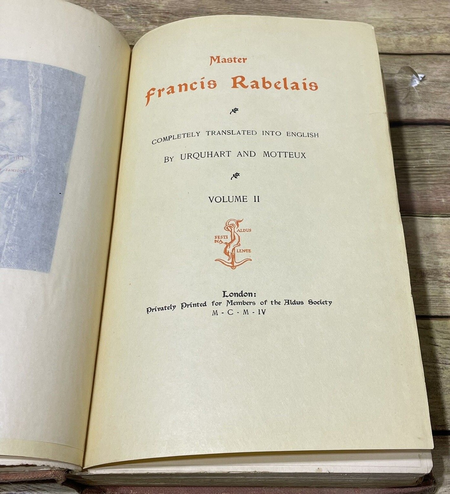 Antique.Master Francis RABELAIS VOL II Florentine Aldus Edition 521/1250 Rare