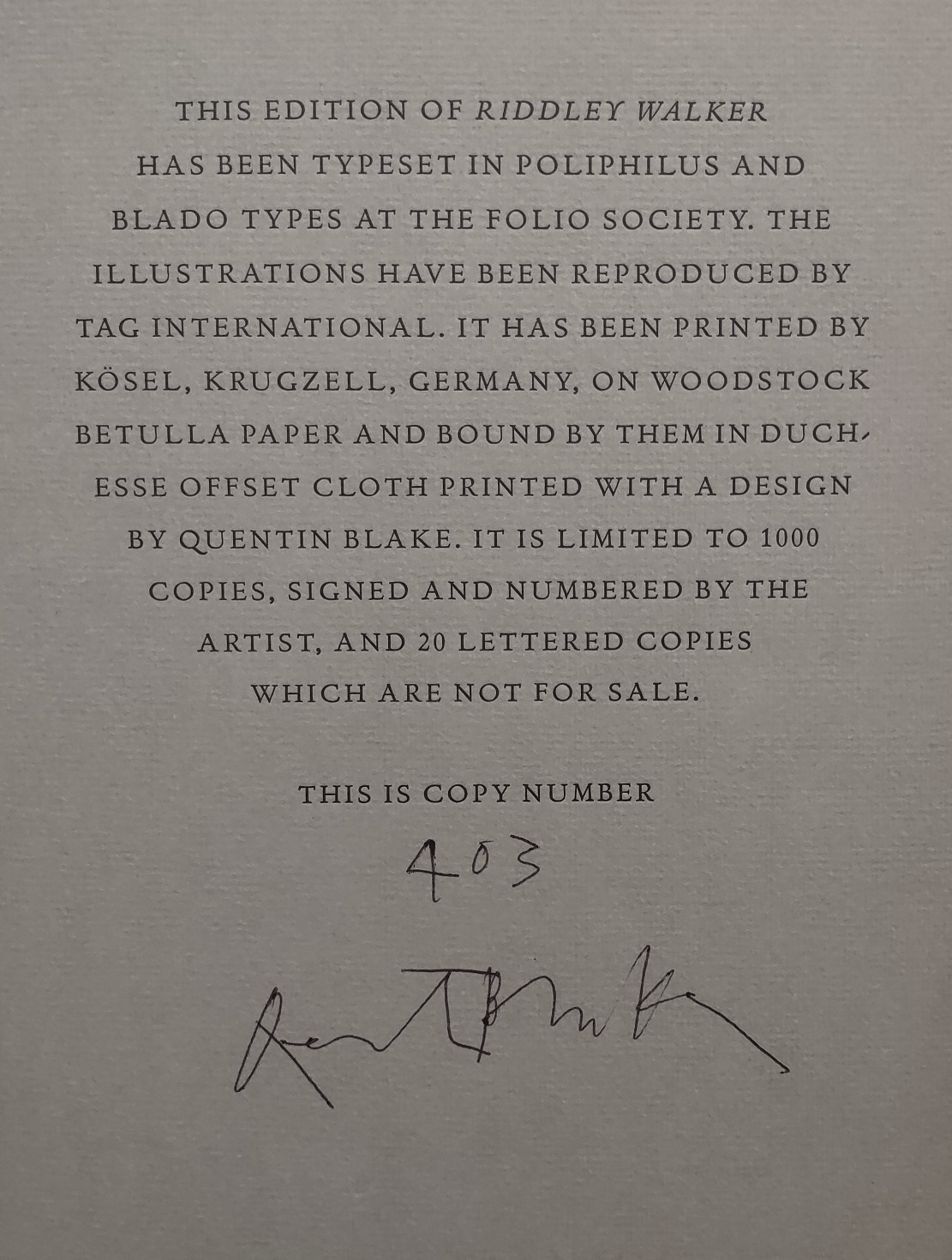 SIGNED LTD Riddley Walker Russell Hoban Quentin Blake Folio Society Slipcased HB
