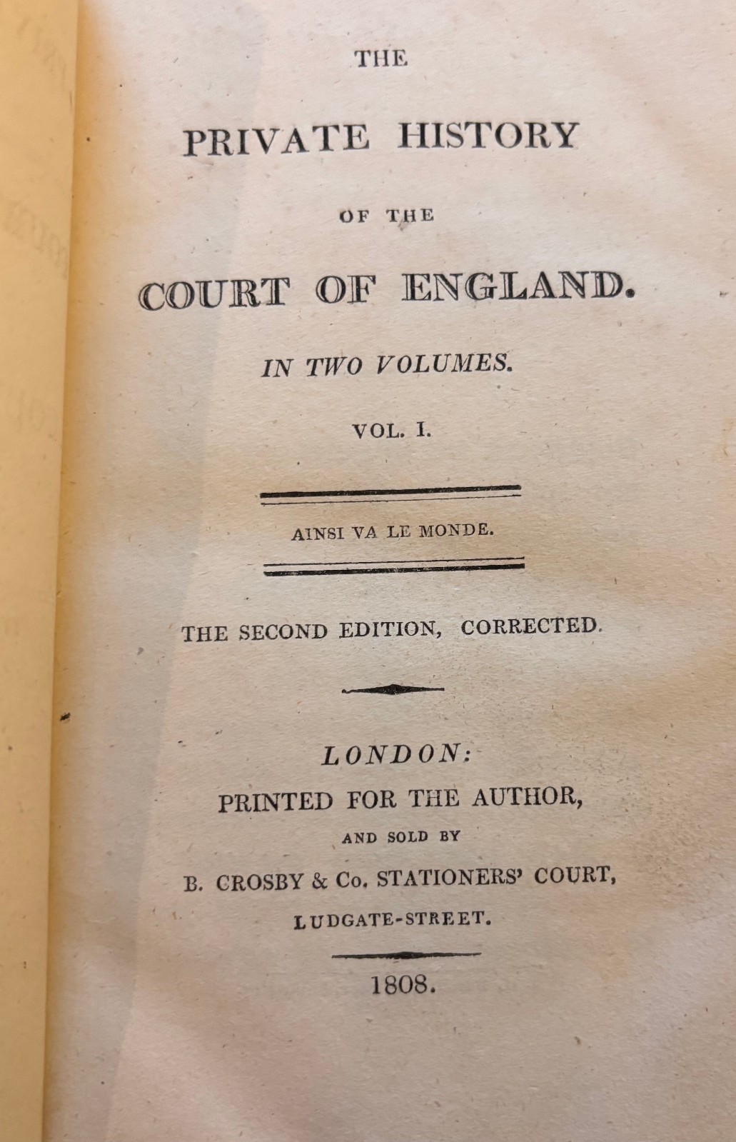The Private History of the Court of England. Vol 1, 1808 HC Find Binding Antique