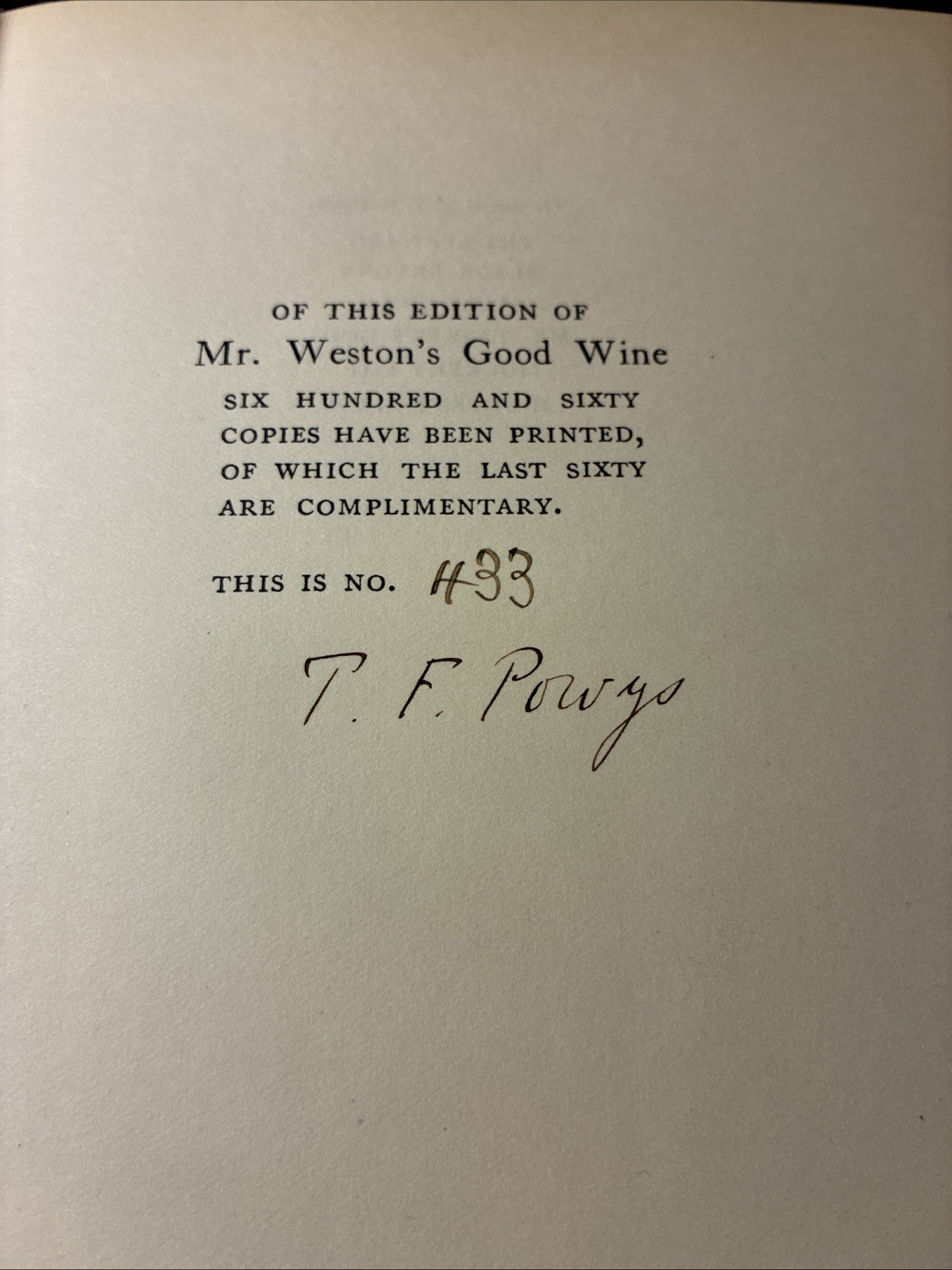 1927 Limited Edition T F Powys MR WESTON’S GOOD WINE 1st Ed #33/660 Signed