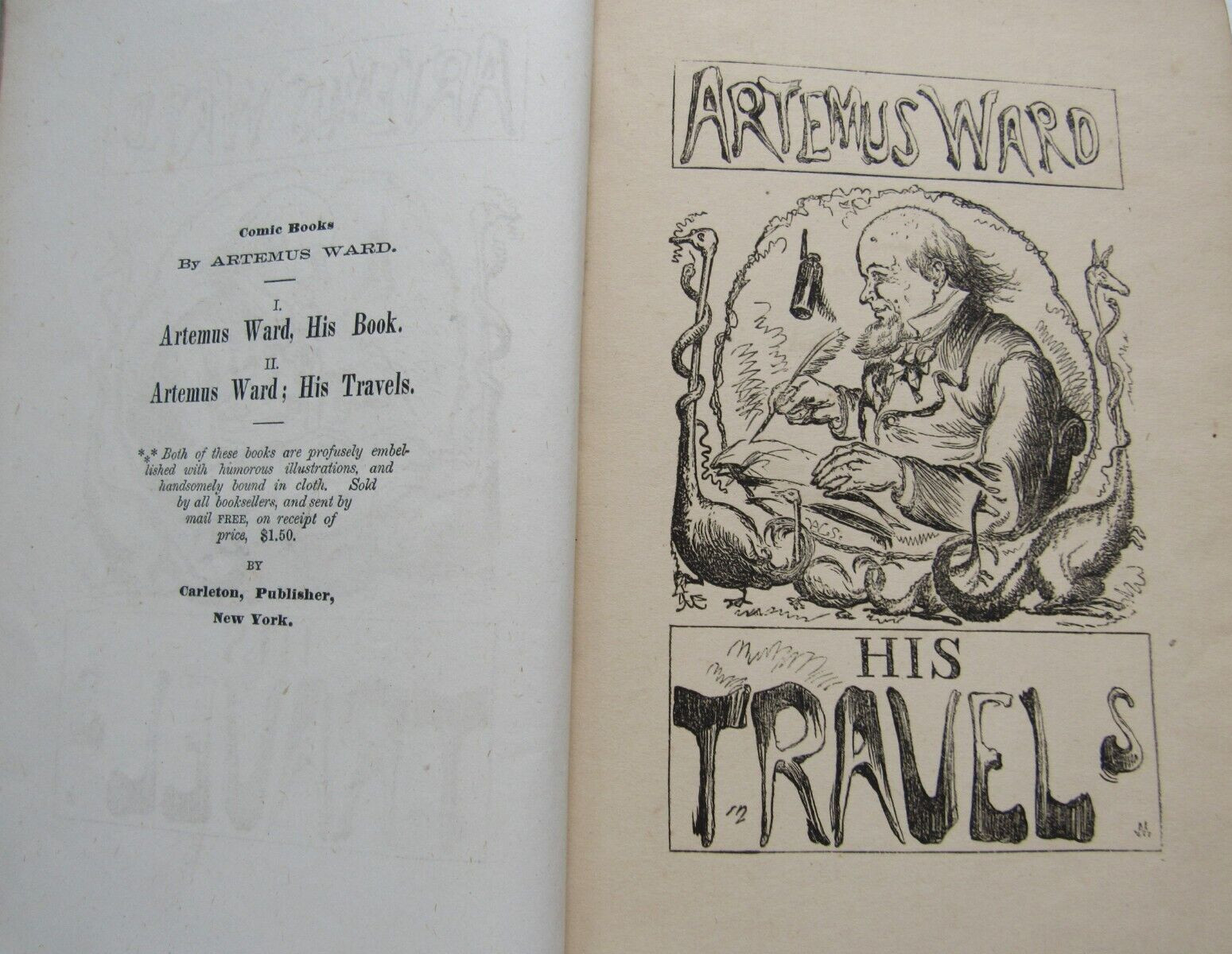 Artemus Ward His Book – His Travels 1865 2 Volumes Civil War Era Humor Comics